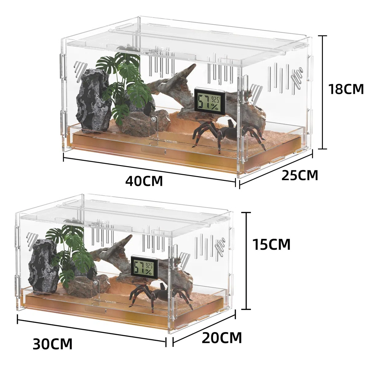 Terrarium für Reptilien, Reptil Fütterungsbox, Acryl Terrarium mit Digitales Thermometer Hygrometer Reptilienzuchtbox für Spinne/Schnecke/Frosch/Eidechse/Schildkröte (40x25x18cm)