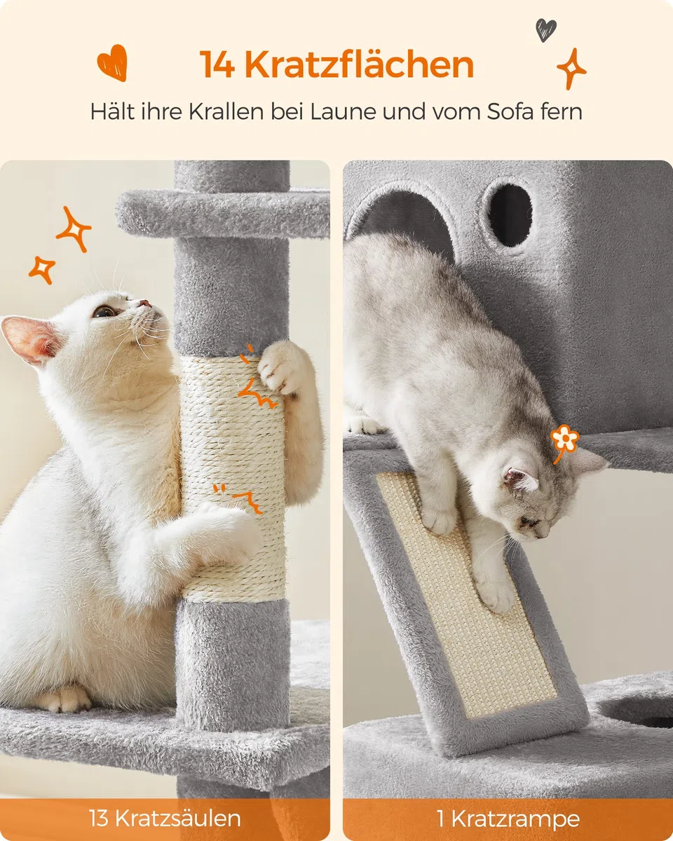 Feandrea Kratzbaum groß, 203,5 cm hoch, XXL Katzenbaum, mit 13 Kratzsäulen, 2 Plattformen, 2 Höhlen, Korb, Hängematte, Plüschbälle, mehrstöckiger Katzenkratzbaum, hellgrau PCT190W01