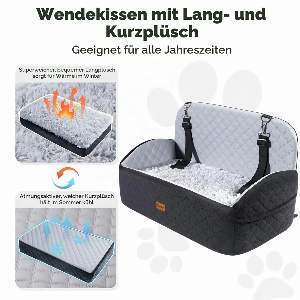 Gimars Wende-Hunde Autositz Mit Lang-/Kurzplüsch Sitzkissen Für Kleine/Mittlere Hunde Bis 27kg, Abnehmbar Waschbar rutschfest Hundesitz Auto mit 13cm 28D Egg-Crate-Schaum, Sicherheitsgurt, L