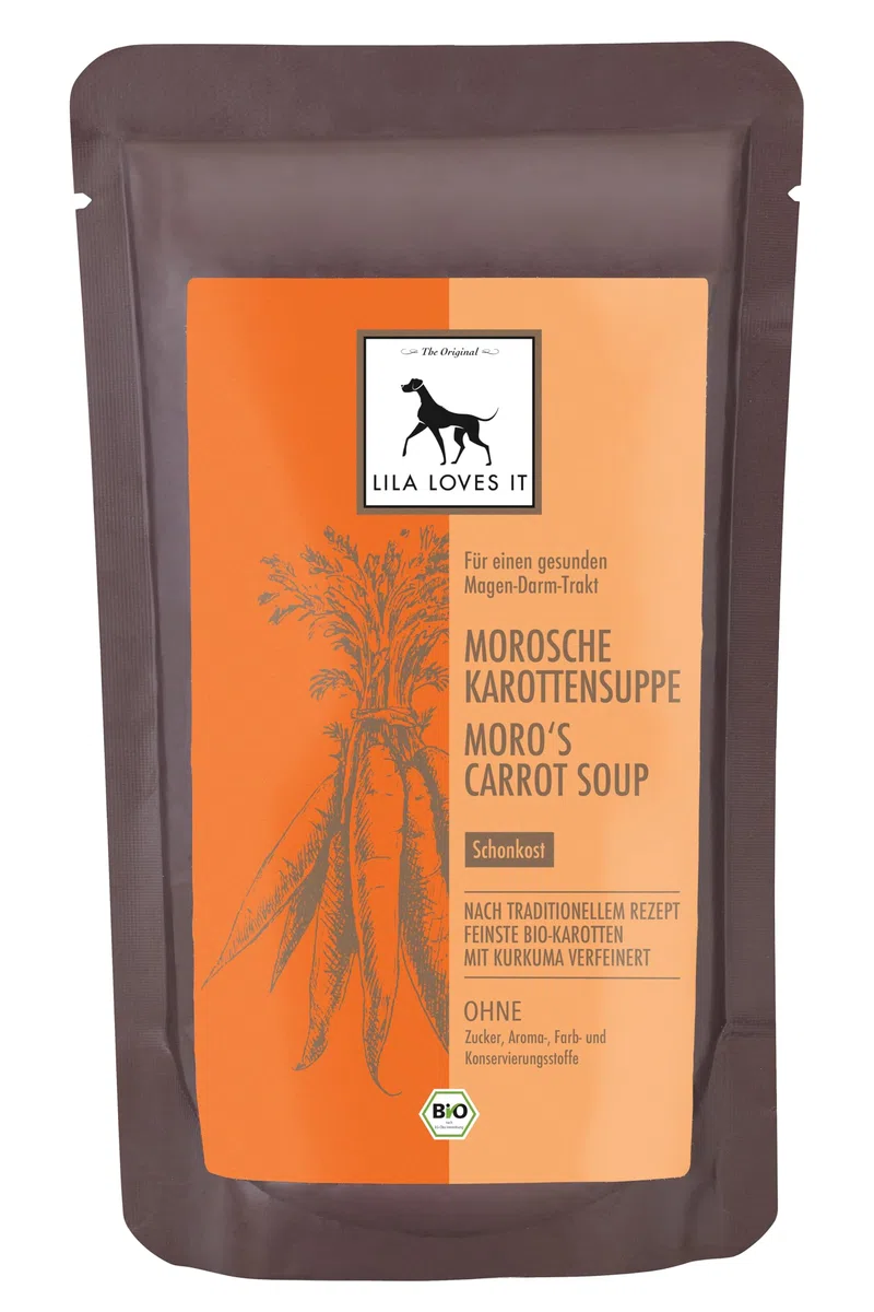 LILA LOVES IT Bio Morosche Karottensuppe für Hunde – altbewährtem Hausrezept, beruhigt den Magen-Darm-Trakt, vegan, Bio MOROSCHE KAROTTENSUPPE, 18 x 130ml Beutel