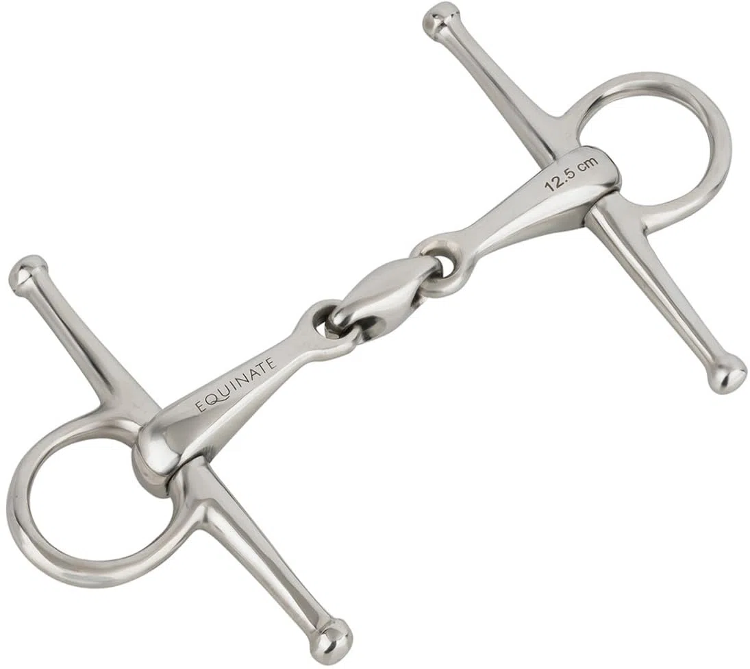 Equinate Schenkeltrense Edelstahl 16mm doppelt gebrochen | Anatomisch geformtes maulfreundliches Gebiss mit sanfter Einwirkung | Lasergravierte Größenangabe | Knebeltrense