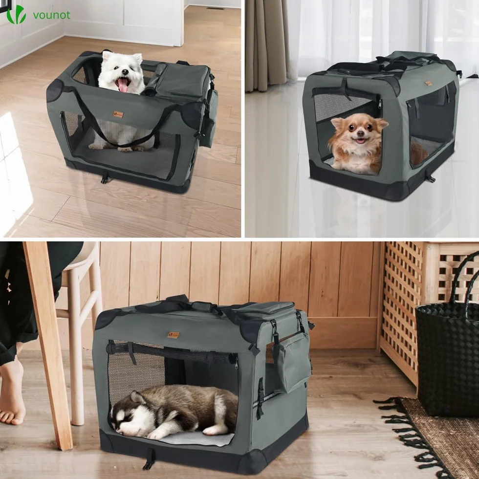 VOUNOT Hundebox faltbar, Transportbox Katze Hunde, Hundetasche, Oxford-Gewebe, Netzstoff, Atmungsaktiv, Transportabel, Metallrahmen, mit Griffen, Taschen, 60x44x44cm M, Grau