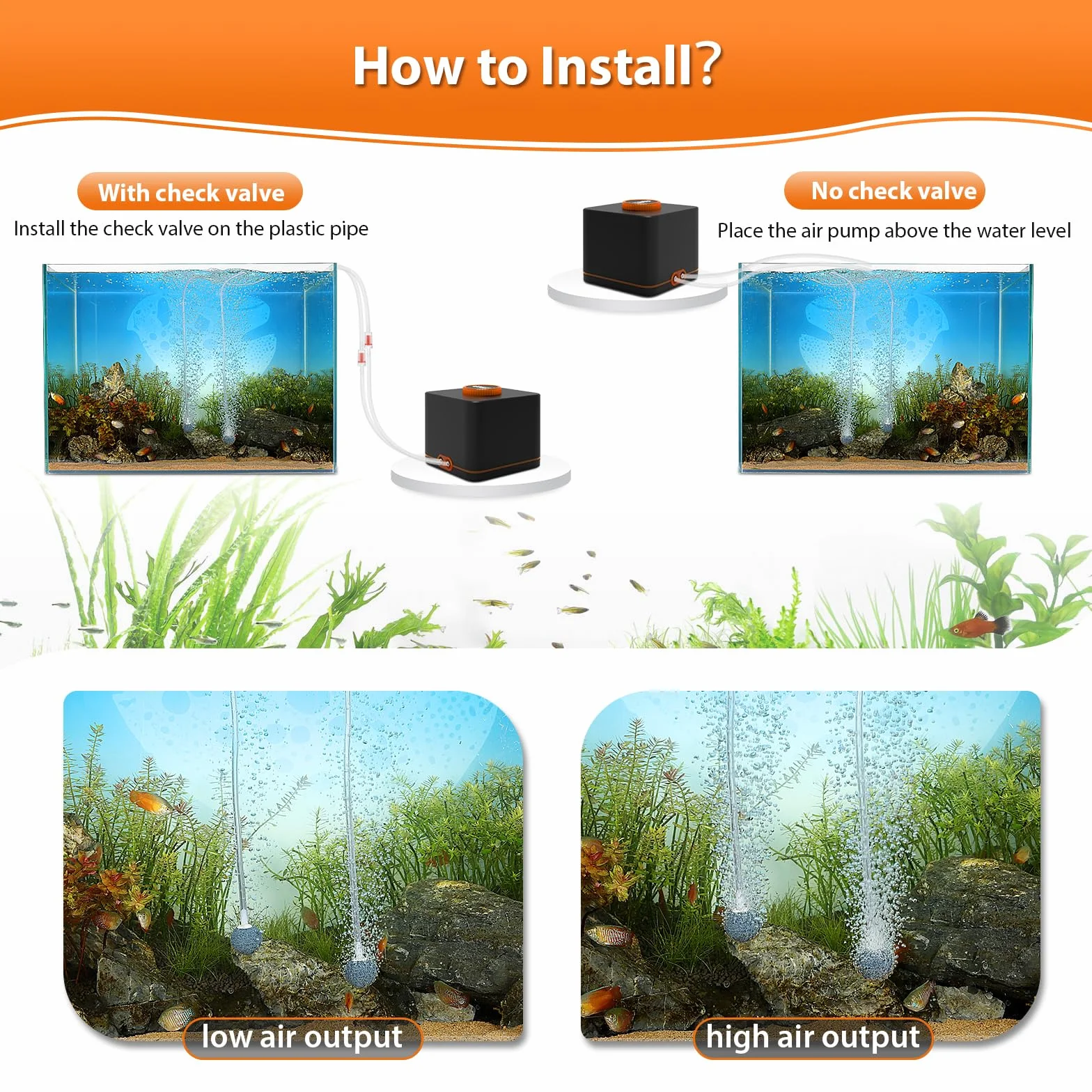 hygger Aquarium Luftpumpe, Aquarium Luftpumpe Extrem Leise für Aquarien mit 2 Luftauslässen, 4W Verstellbare Sauerstoffpumpe mit Luftschlauch,Prüfe Ventile,Ausströmerstein für Aquarien bis zu 1100L