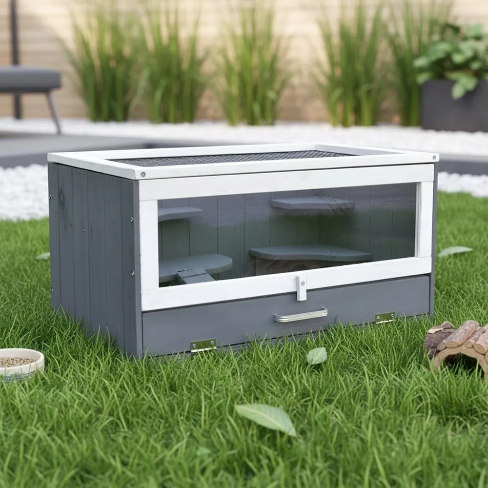 Melko Nagerkäfig aus Holz Grau/Weiß 60 x 35 x 30 cm – Kleintierstall mit Plexiglasfront & Gitterdeckel, inkl. Haus und Trinkflaschenhalter – Hamsterkäfig, Mäusekäfig, Kleintierhaus