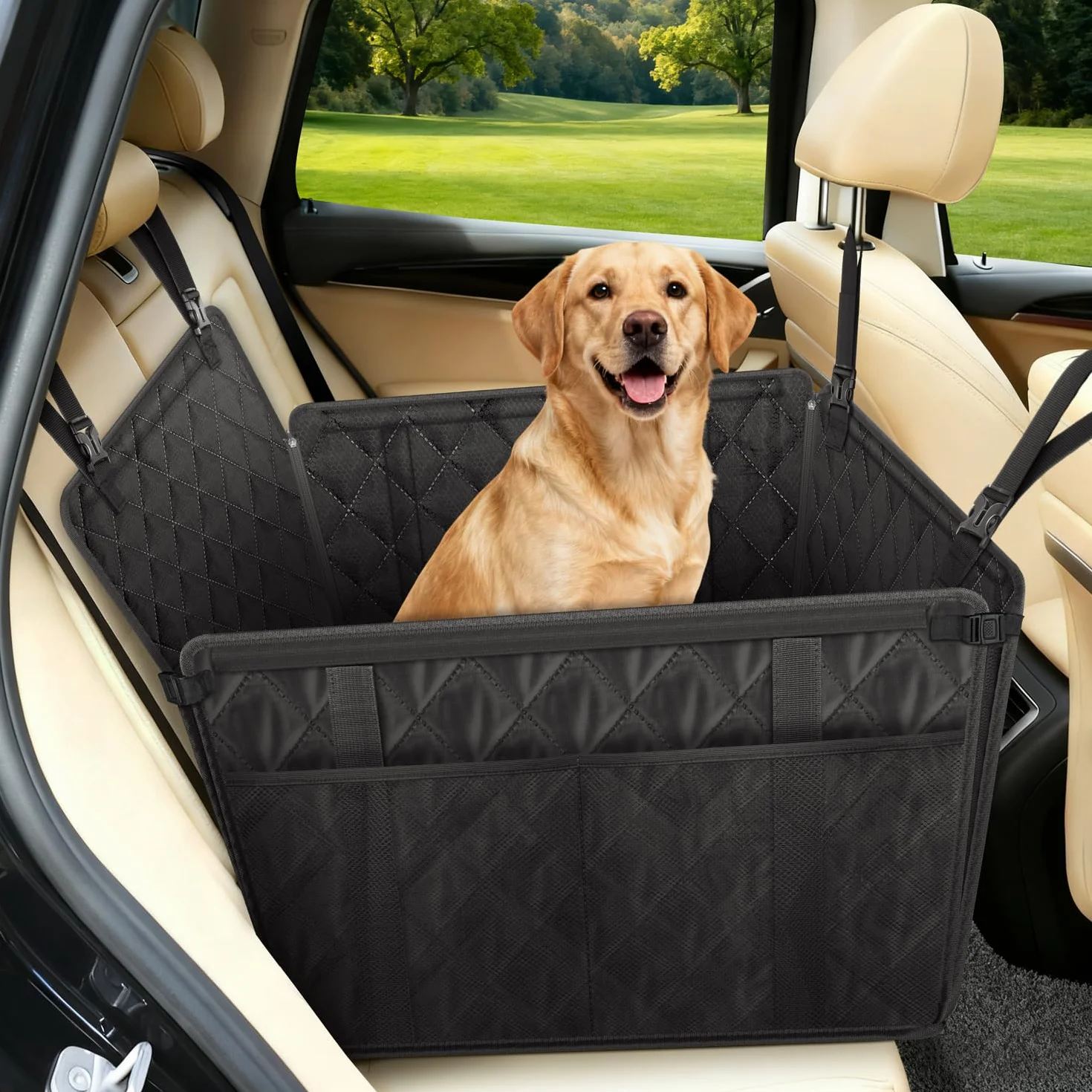 Extra Stabiler Hunde Autositz mit Sicherheitsgurt, Wasserdicht & rutschfest Hundesitz Auto für den Rücksitz mit 4 Befestigungsgurten, Hundeautositz für Mittelgroße und Große Hunde bis 26 kg