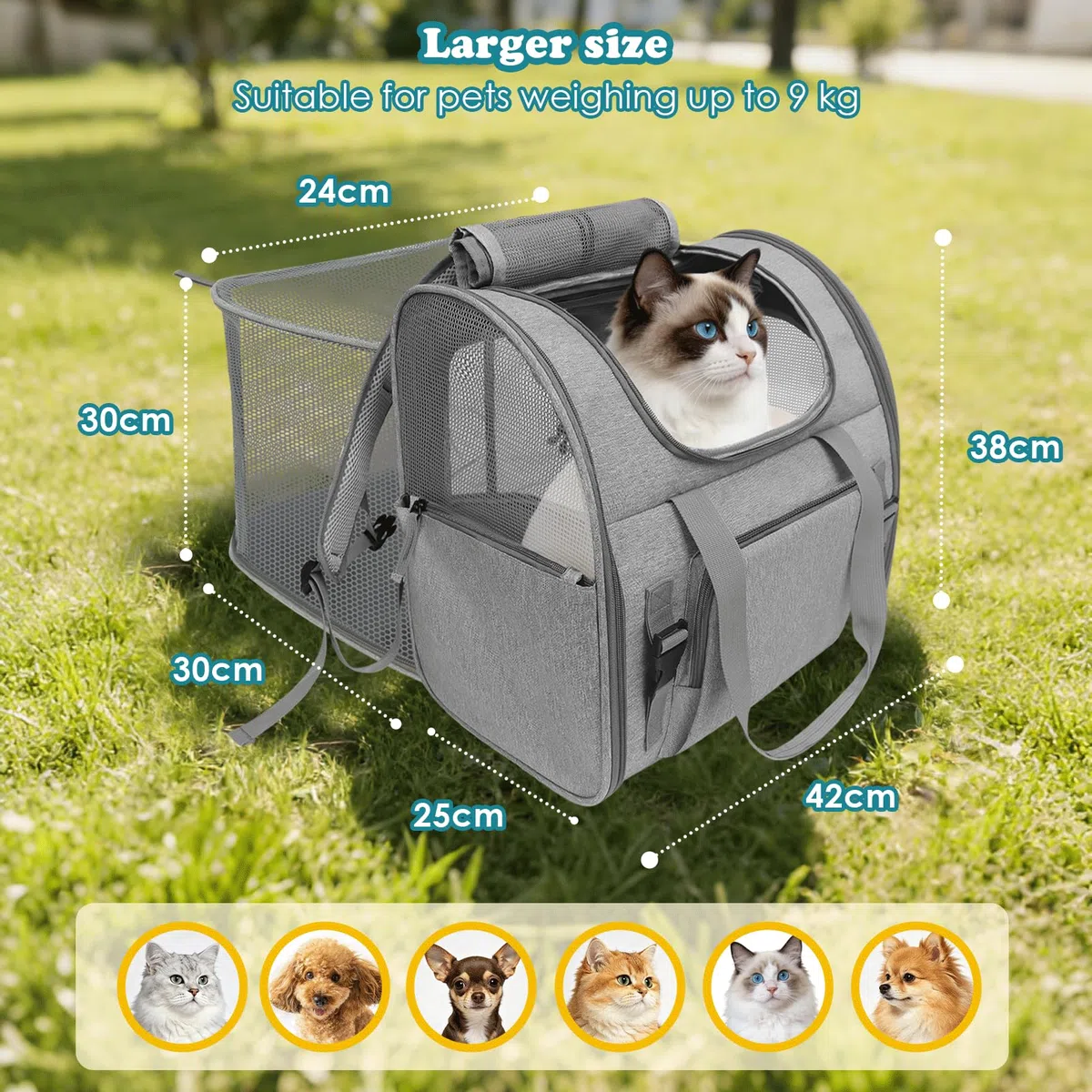 Erweiterbarer Katzenrucksack für Katzen & Kleine Hunde bis 9kg, Atmungsaktiver Pet Carrier Backpack mit Mesh Fenster, Faltbare Haustier Transporttasche für Reisen, Auto, Wandern, Camping & Tierarzt