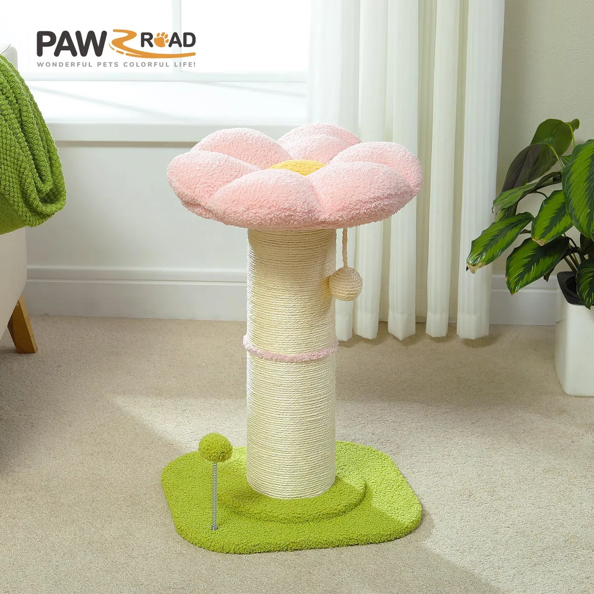 PAWZ Road Flower Katzenkratzbaum - Kleiner Katzenbaum für Indoor-Katzen Mit Super Dickem Kratzbaum [Dia=14cm], Abnehmbares Blumen-Katzenbett, Federball - Rosa