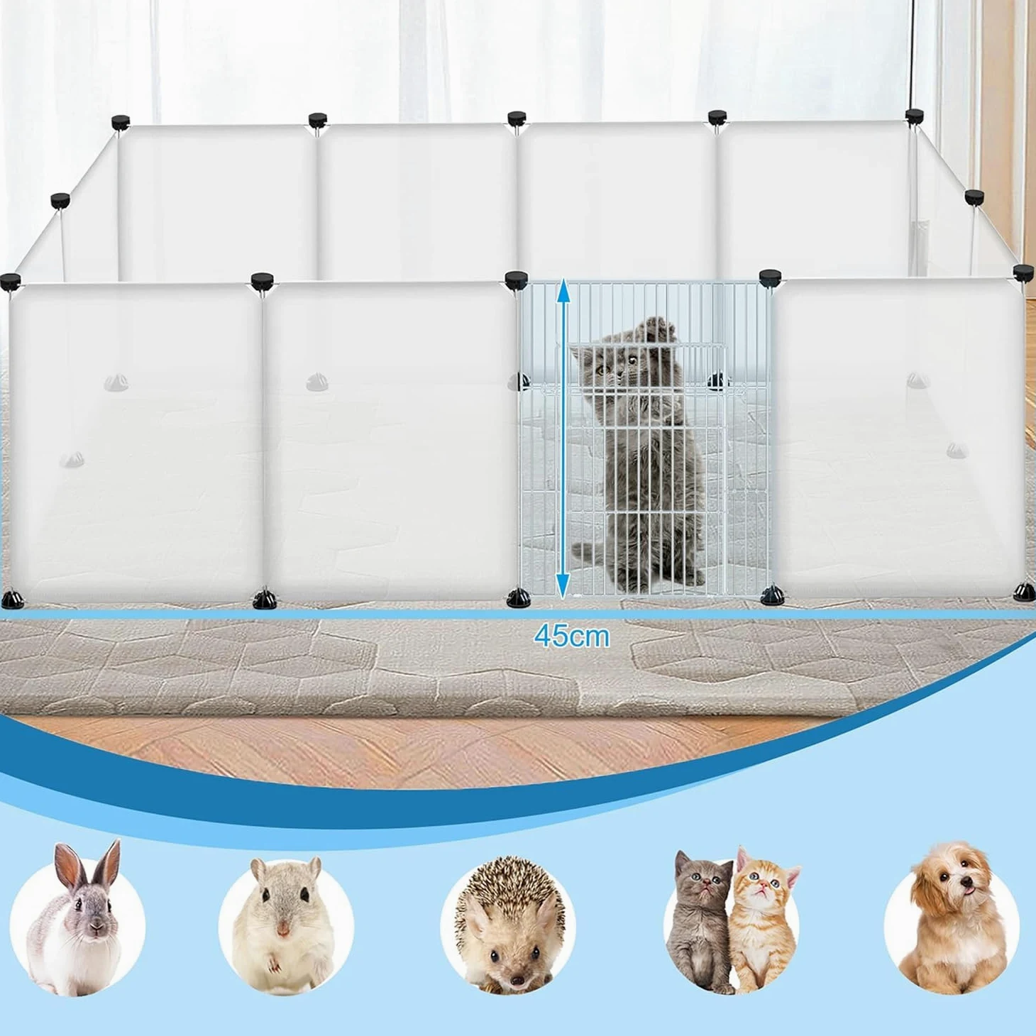 LILIIN Freigehege 12 Pcs Haustier Laufstall 145x75x48cm aus Kunststoff Gittergehege Meerschweinchen Gehege Freilaufgehege Kleintierkäfig Für Welpen Hamster Igel (Transluzentes Weiß Mit Tür)