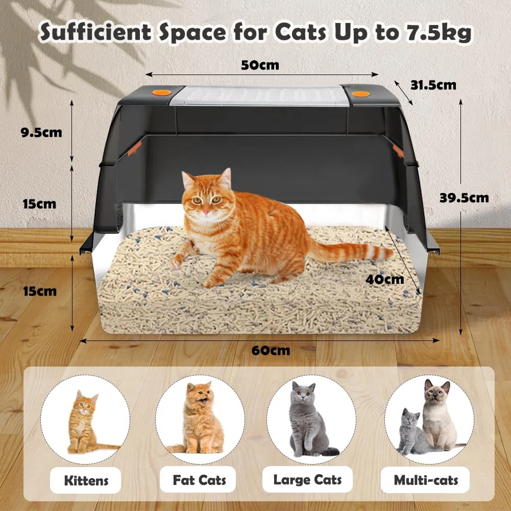 Vivifying Katzenklo Edelstahl mit Deckel, XL Leicht zu Reinigen und Geruchsresistent Katzentoilette Edelstahl, Rostfreier Stahl Katzenklo mit Pedals, Schaufel und Matte (Schwarz)