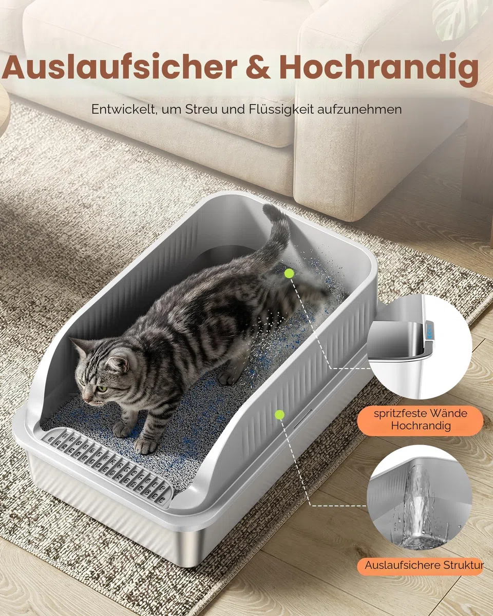 Katzenklo Edelstahl, Katzentoilette Groß XXL mit Schaufel, Katzenklo mit Abnehmbares Hoher Rand, Halbgeschlossene Katzentoilette Metall für Katzen, Geruchsfrei, Leicht zu Reinigen, Hellgrau