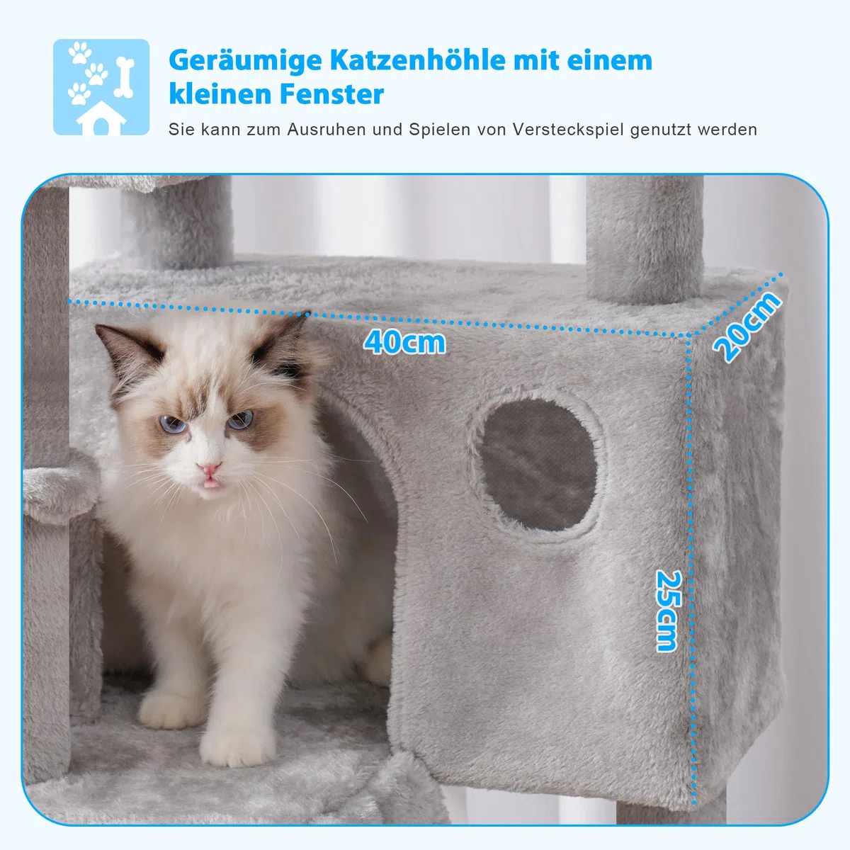 Hey-Brother Kratzbaum, 135 cm Indoor Katzenbaum, Mit gepolsterter Plattform Bett, Spielzeug Ball, Höhlen, Hängematte und Sisal Kratzbaum Katzenhaus, Hellgrau MPJ019-SW