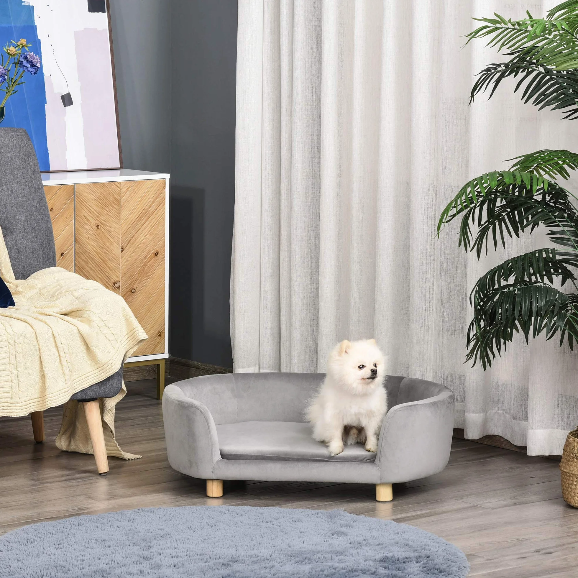 PawHut Hundesofa Hundebett aus holländischem Samt Hundecouch mit Rückenlehne, Holzbeine, Kissen, Katzensofa mit weicher Polsterung für kleine Hunde 86 x 55 x 33 cm Hellgrau