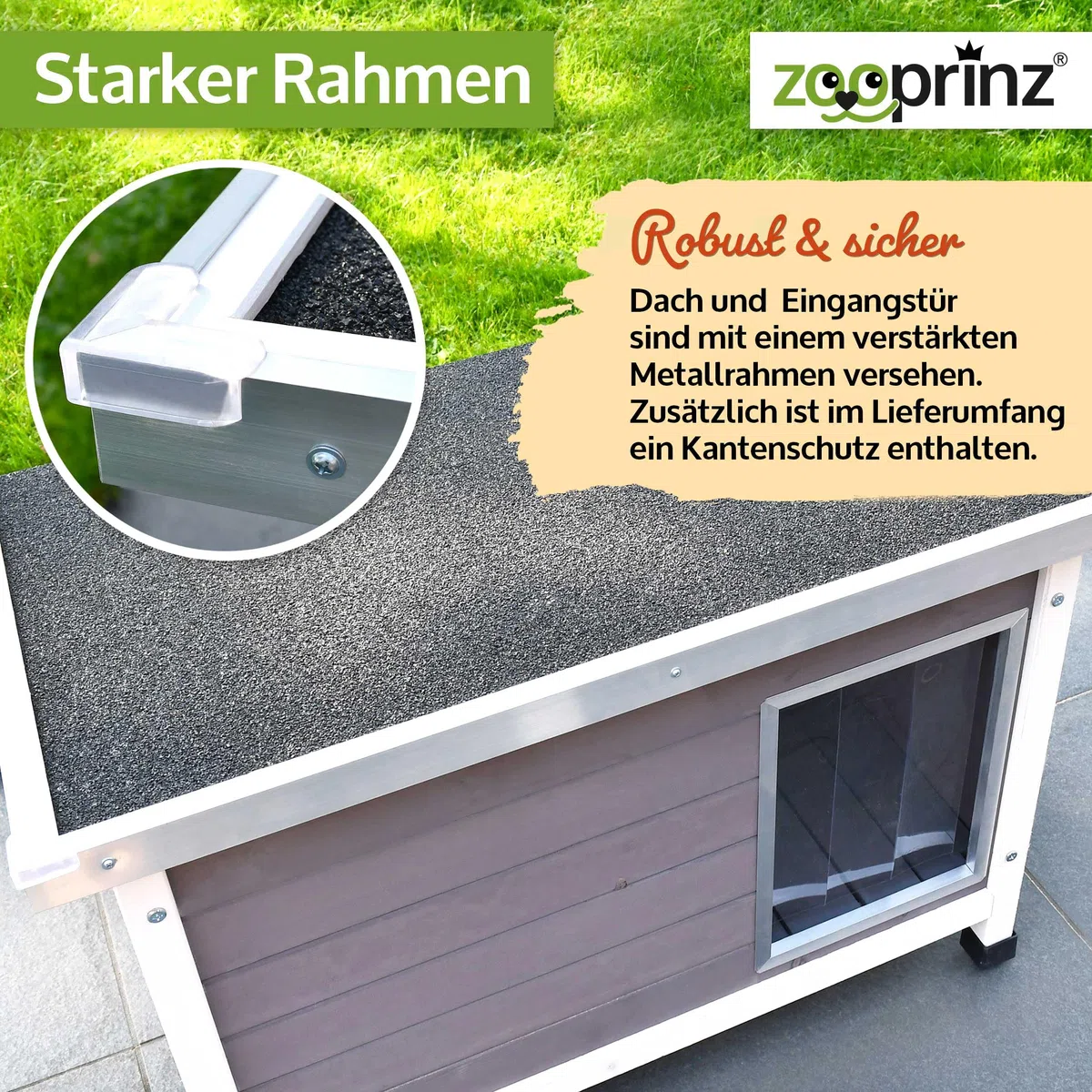 zooprinz Exklusive Hundehütte Jacky – aus wetterfestem & massivem Holz mit Metallrahmen, Dach zum Öffnen, Lamellentür & Kunststofffüßen – Hundehütte für Indoor und Outdoor (Hellgrau, XL)
