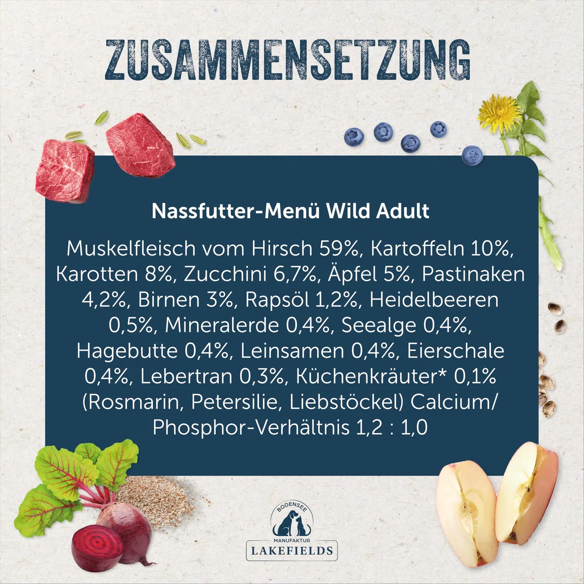 Lakefields Premium Hundefutter Nass | Wild 59% | 6 x 800g | Getreidefreies Nassfutter für Hunde | Natürliche Zutaten in Lebensmittelqualität | Karotten, Kartoffeln & Heidelbeeren | Schonend gegart
