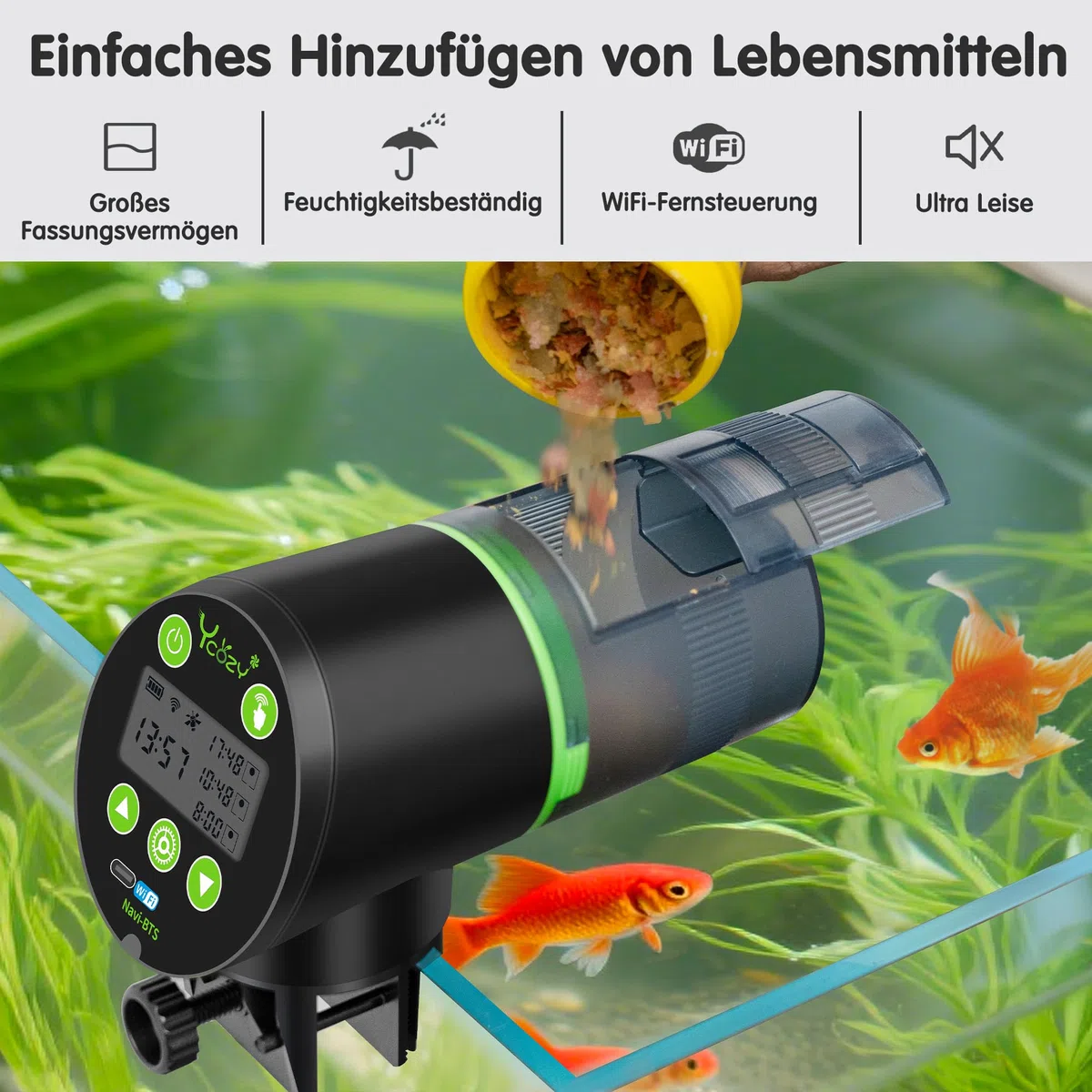 Ycozy WiFi Fischfutter Automat Aquarium, Futterautomat Netzteil mit Stecker & USB-C Kabel Fischfutterspender WLAN Gesteuerter mit APP Automatischer Fischfutterautomat für Aquarium Navi-BTS