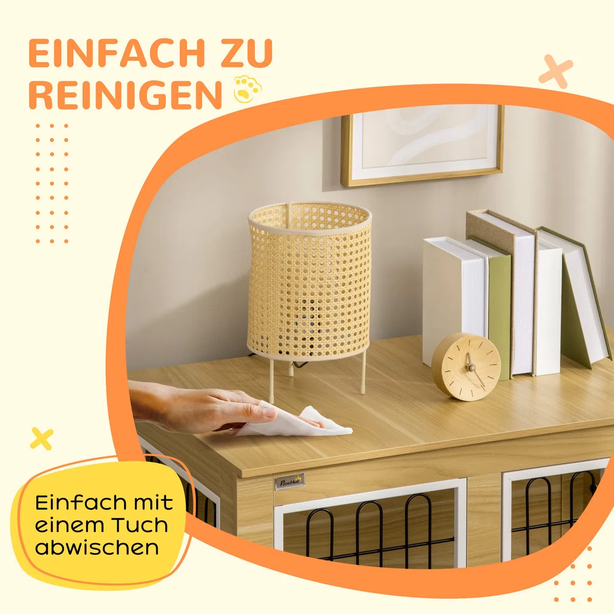 PawHut Hundekäfig Möbel mit 2 Türen Kissen 2 Verriegelungen Metall Hundebox für Zuhause Indoor Hundehütte für große Hunde bis zu 25 kg Beistelltisch Hundehaus 90 x 58 x 65 cm Eiche