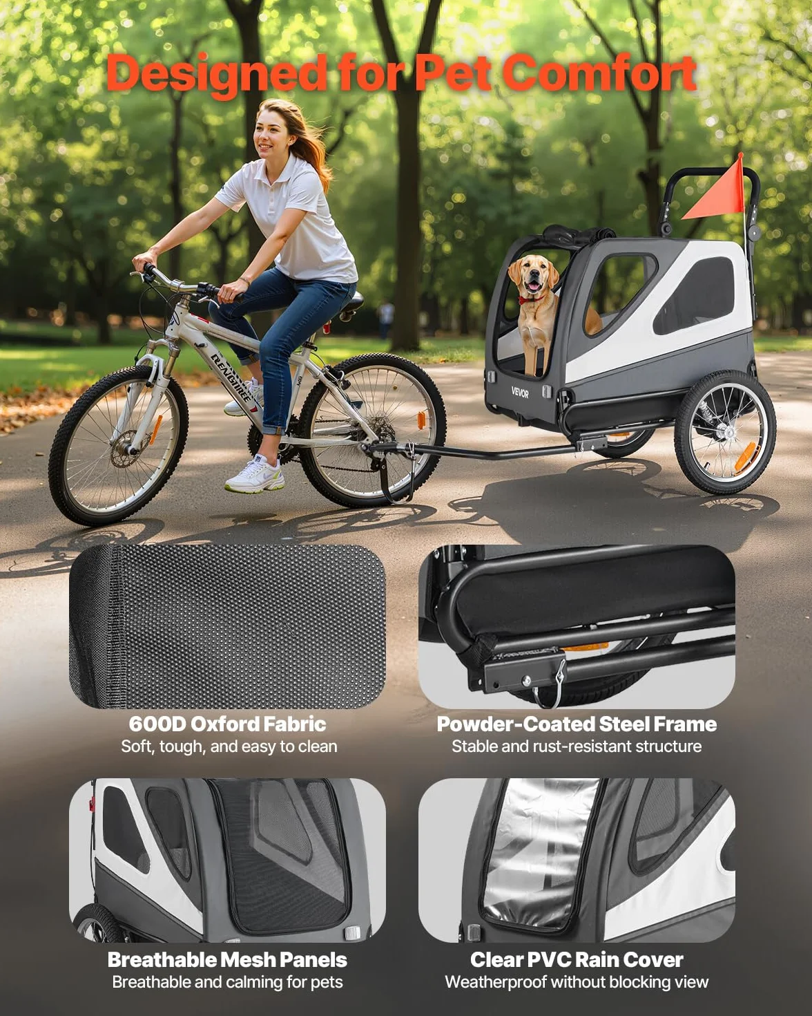 VEVOR Hundeanhänger Fahrradanhänger Kohlenstoffstahl + 600D Oxford-Gewebe + PP faltbar als Anhänger Gefaltete