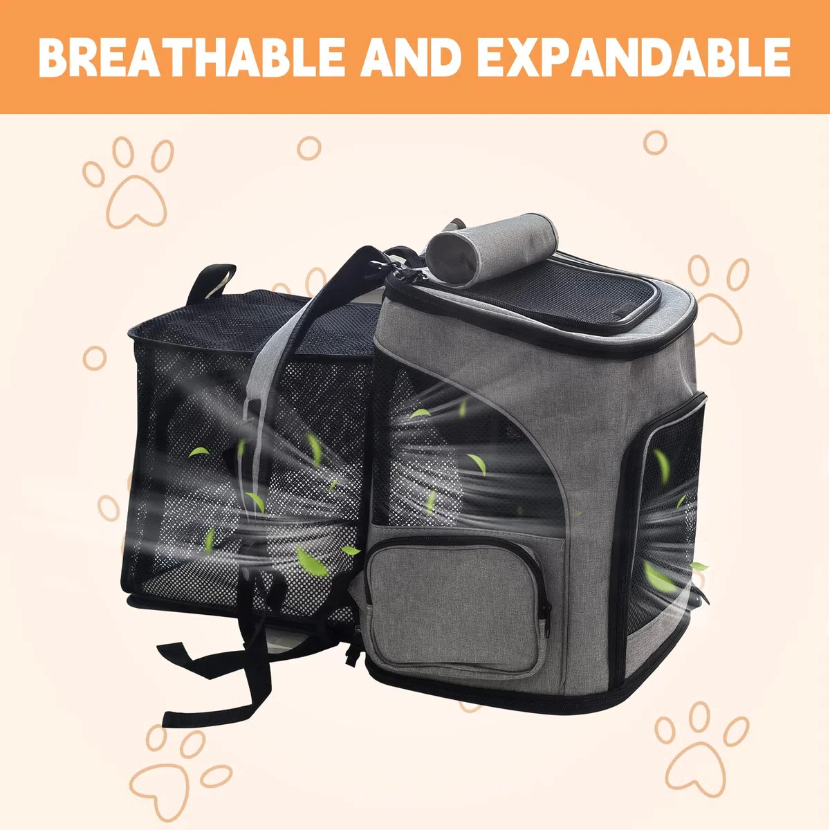 Haustier Rucksack Hunderucksack bis 10kg Katzenrucksack Faltbar und Erweiterbar Katzentransportbox Katzentransporttasche Hundebox mit 2 Matten für Katzen und Kleine Hunde Grau