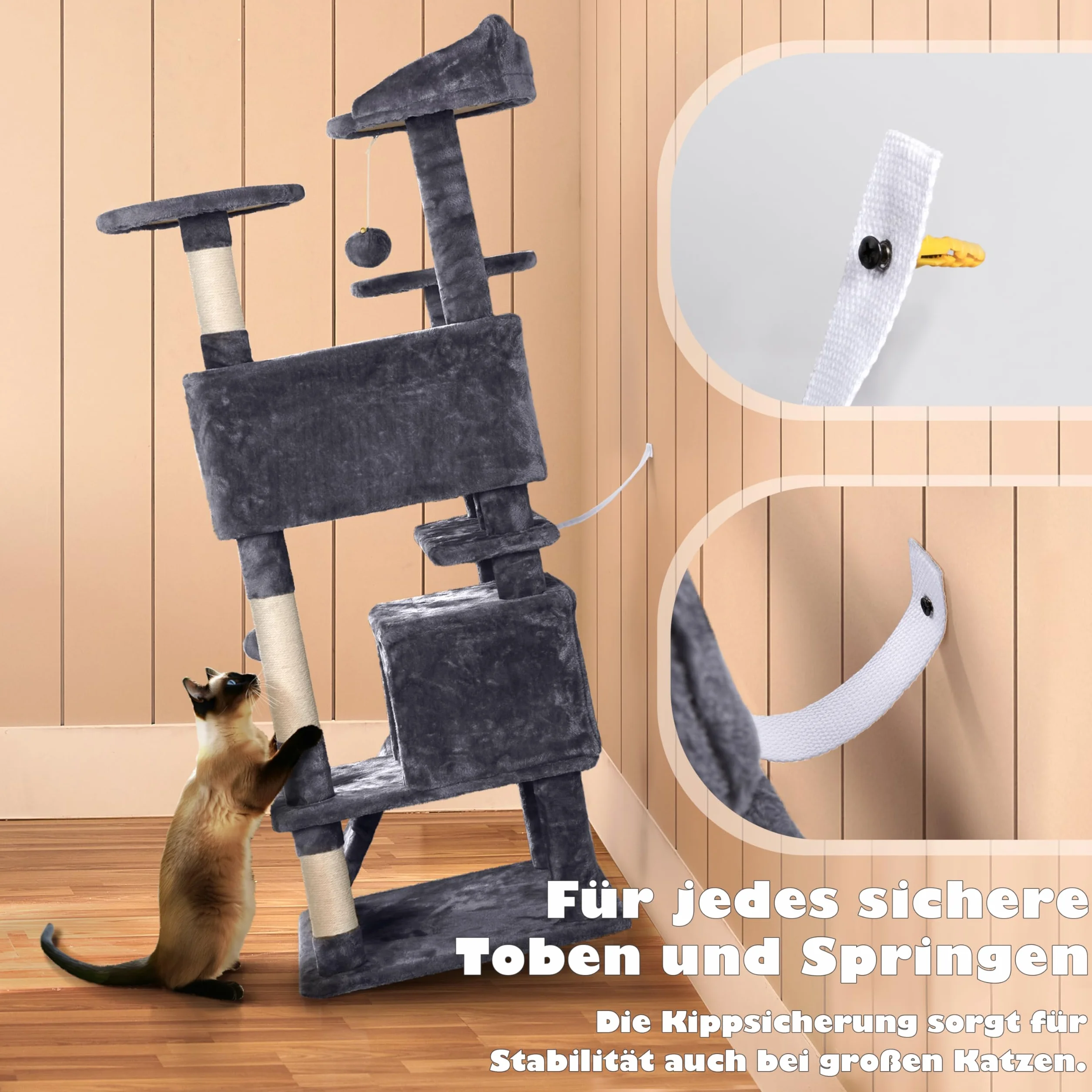 Yaheetech 139 cm Kratzbaum für Kleine und Mittelgroße Katzen, Mehrstufiger Katzenturm mit 2 Höhlen, 3 Plattformen, Sisalsäulen und Stufendesign, Stabil für Mehrkatzenhaushalte, Dunkelgrau
