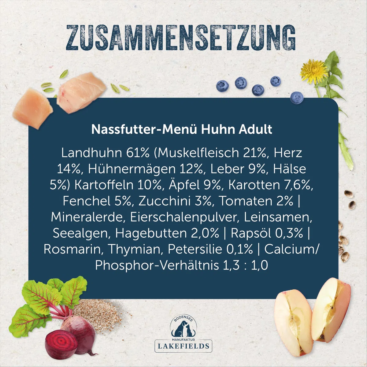 Lakefields Premium Hundefutter Nass | Huhn 61% | 6 x 800g | Getreidefreies Nassfutter für Hunde | Natürliche Zutaten in Lebensmittelqualität | Karotten, Kartoffeln & Apfel | Schonend gegart