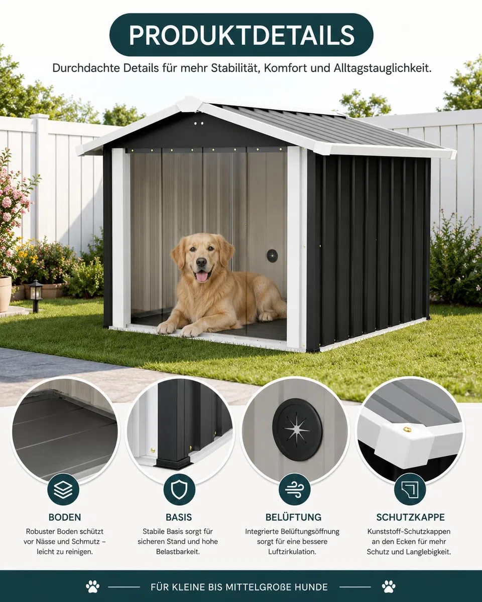 Outdoor Hundehütte wetterfest, Metall Hundehaus für Garten & Terrasse, wasserdichtes Hundehaus mit stabilem Boden, Belüftung & Schrägdach, Haustierhaus für kleine bis mittelgroße Hunde