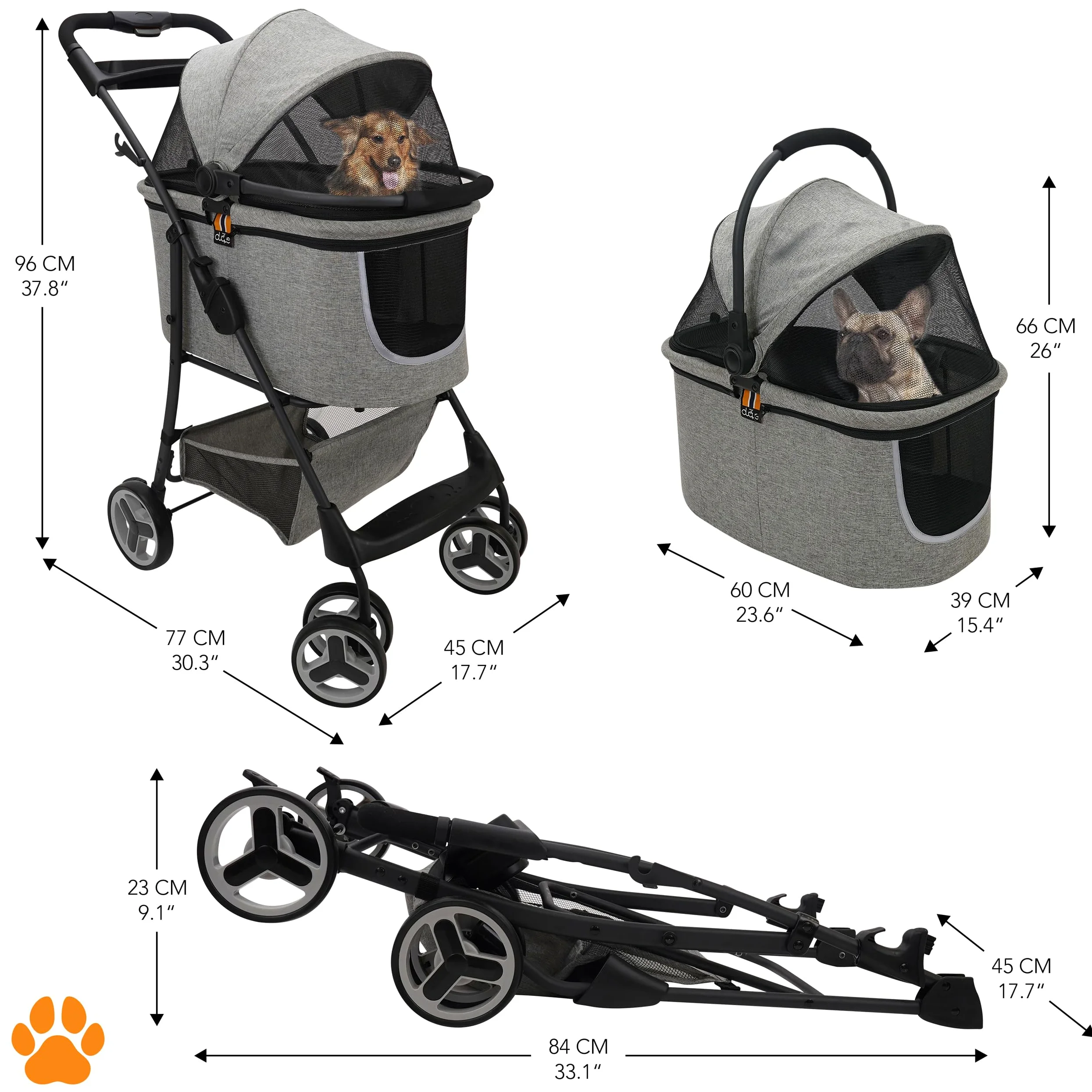 Modell CECE 2 in 1 Hundebuggy und Transportbox für Hunde | Faltbare Hundebox mit Extrakorb für Einkäufe oder Tierbedarf | Nutzung als Hundewagen oder sicherer Tragekorb – Grau-Melange