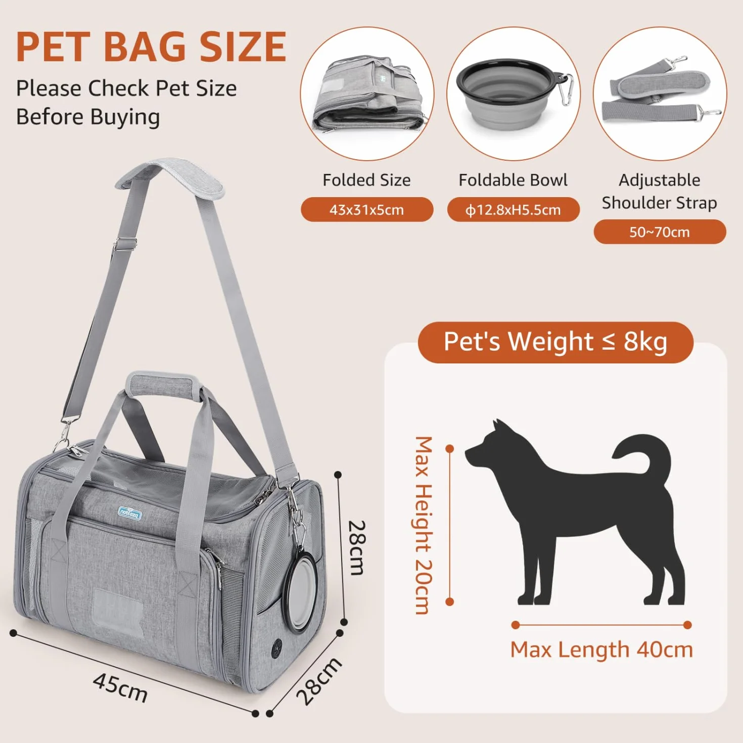 Nobleza Faltbare Hundetragetasche Katzentragetasche, Erweiterbar Katzenbox, Haustier-Reisetasche mit Schultergurt und Faltbare Hundenapf für Hunden oder Katzen