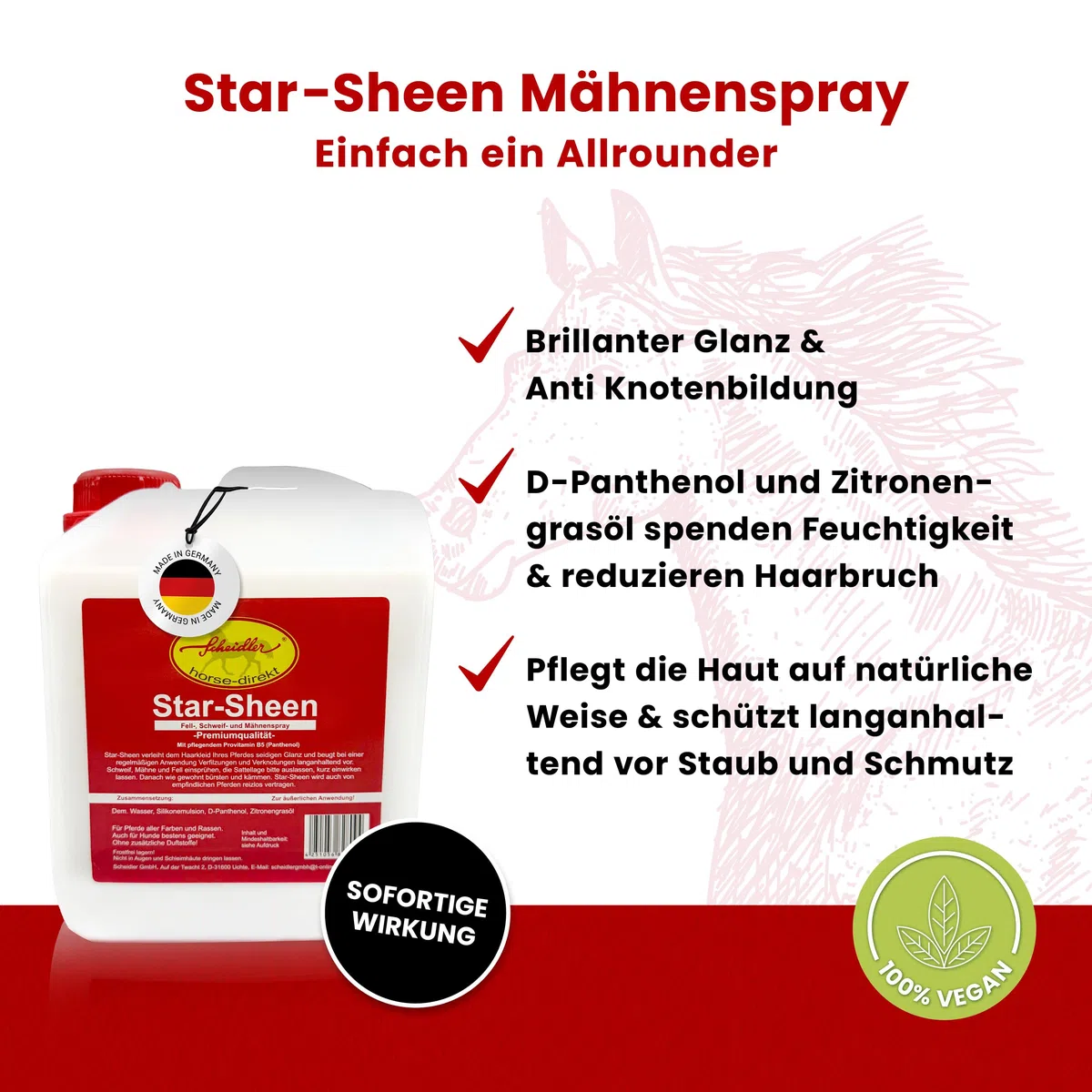 Scheidler horse-direkt Star-Sheen Mähnenspray 5l Kanister für Pferde – Langanhaltendes Schweifspray für brillanten Glanz - Leichtes Kämmen & Fellpflege – Natur Glanzspray Made in Germany