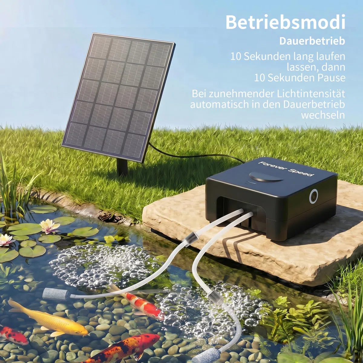 Forever Speed Solar Teichbelüfter mit Akku Leise, Auto Energieeinsparung Sauerstoffpumpe für Kleiner Teich Aquarium, Aufladbar Teichbelüfter Solar USB Doppelladen