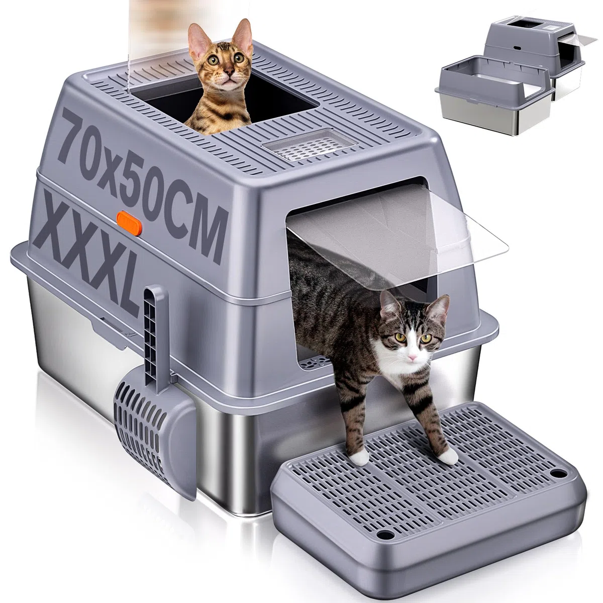 XXXL Katzenklo Edelstahl mit Deckel 70x50x45 cm 90 L extra groß Katzentoilette Edelstahl für große Katzen & Mehrkatzenhaushalte, geschlossenes/Offen, leicht zu reinigen, Anti-Leck, mit Pedal