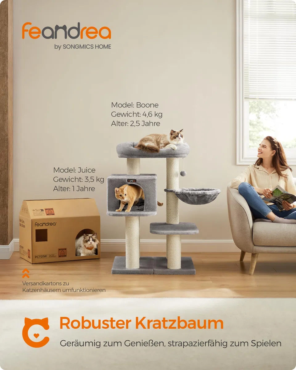 Feandrea Kratzbaum für große Katzen, XXL, hochbelastbar, Katzenturm mit 6 extra dicken Kratzsäulen, große Plattform, Höhle, Korb, flexibel aufbauen, abnehmbare, waschbare Kissen, hellgrau PCT01W