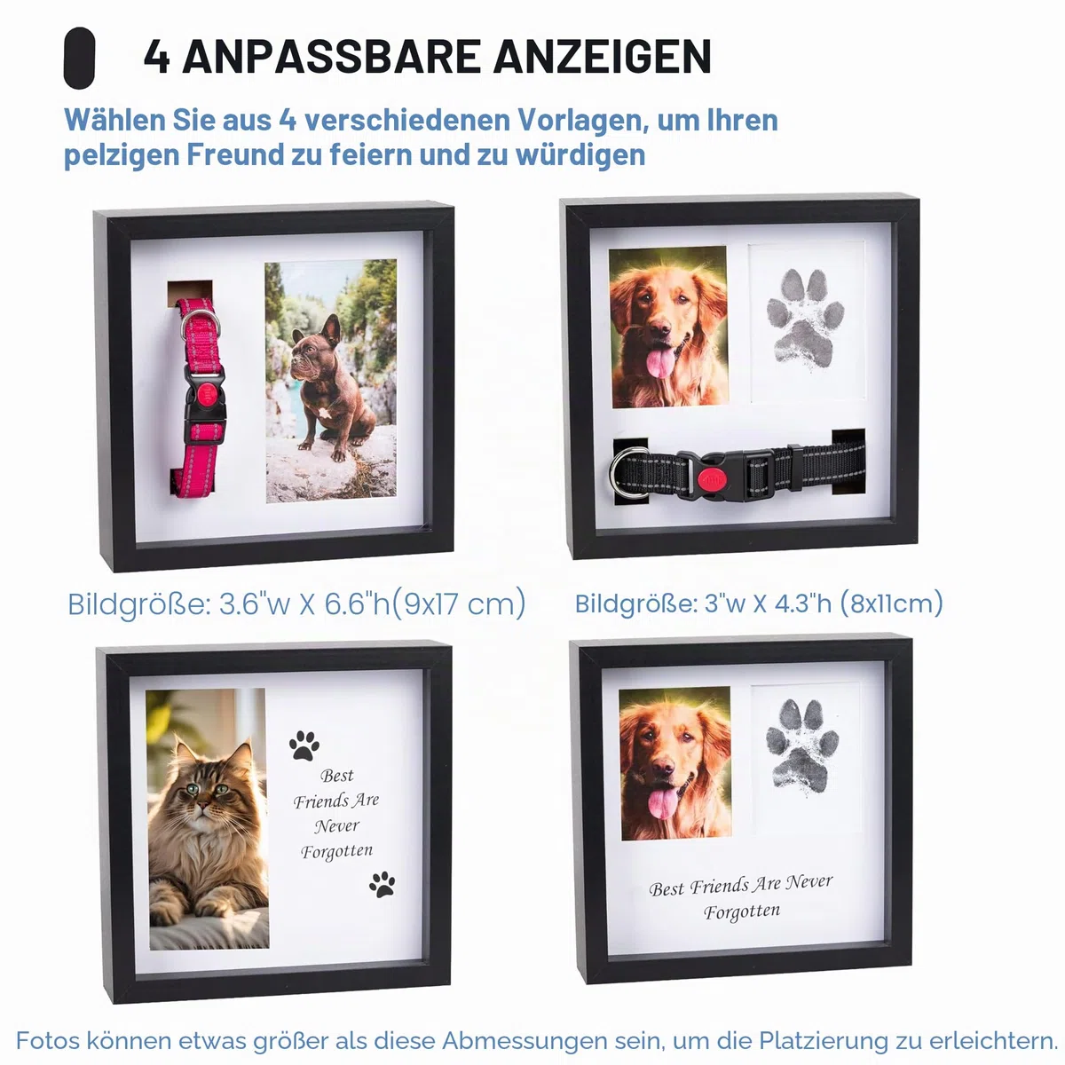 OtterPets Gedenkbilderrahmen für Hunde, 4 anpassbare Felder, 22,9 x 22,9 cm, Pfotenabdruck-Set für Hunde, Gedenkgeschenk bei Hundeverlust, Andenken-Set für Pfotenabdrücke