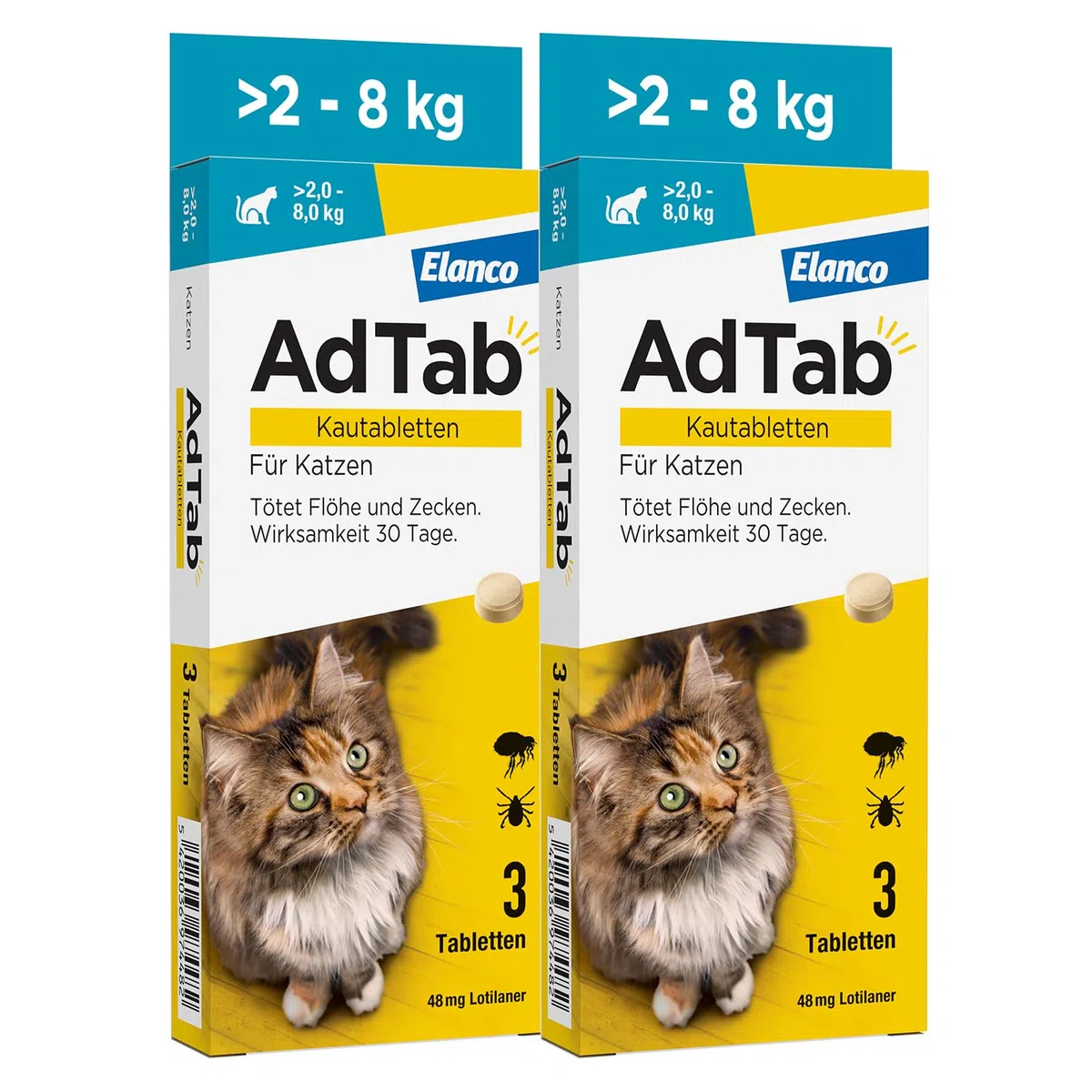AdTab Katze 2-8 kg - Kautablette gegen Flöhe & Zecken, Doppelpack (6 St.) | Kleine, leckere Kautablette mit Vanille-Hefe-Aroma, 6 Monate Zeckenschutz und Flohschutz für deine Katze, schnelle Wirkung