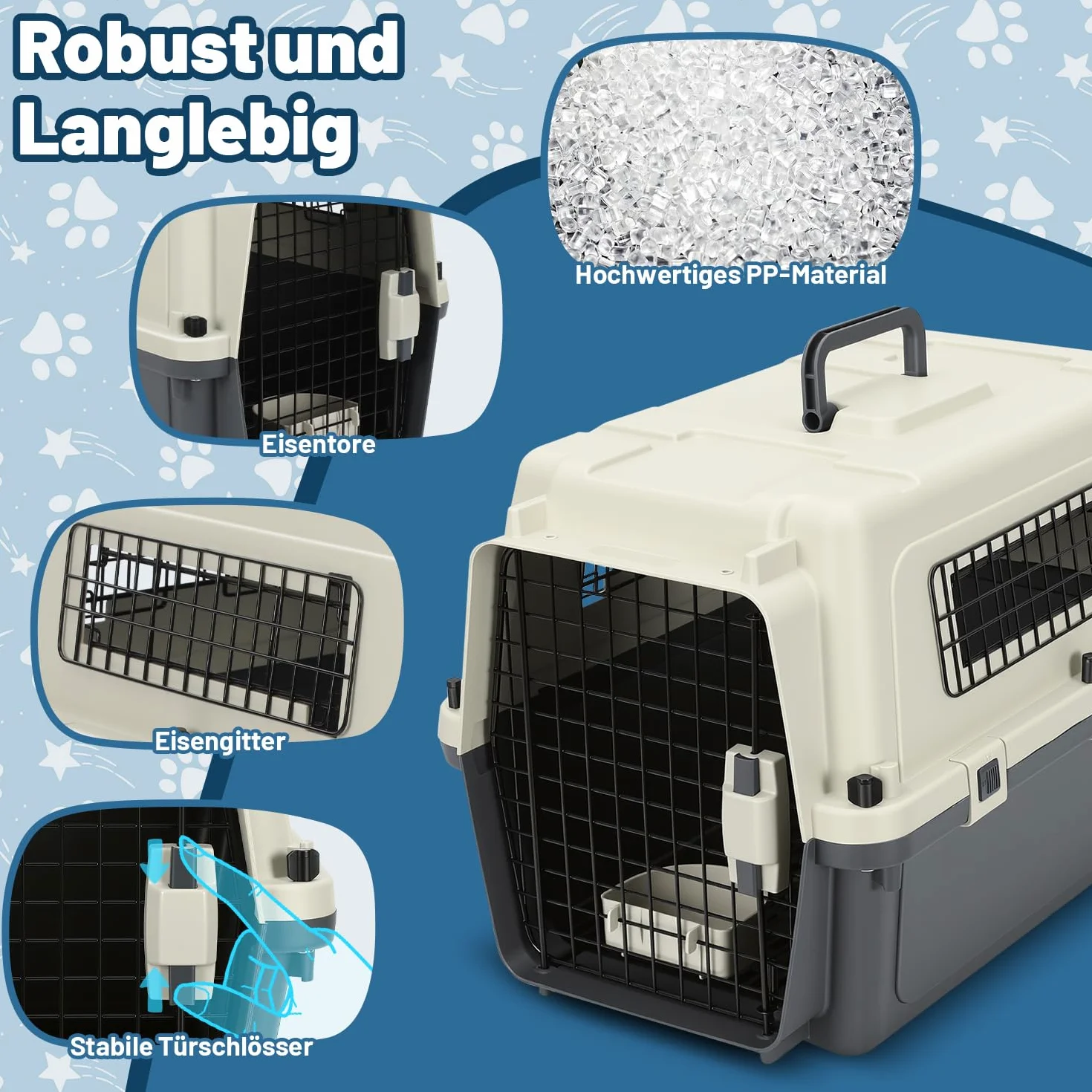 Pet Transportbox für Katzen, kleine Hunde & Nagetiere bis 10 kg, 60,4x42x39,8 cm, Leichte Hundetransportbox mit Metallgitter, Inkl. Grundausstattung