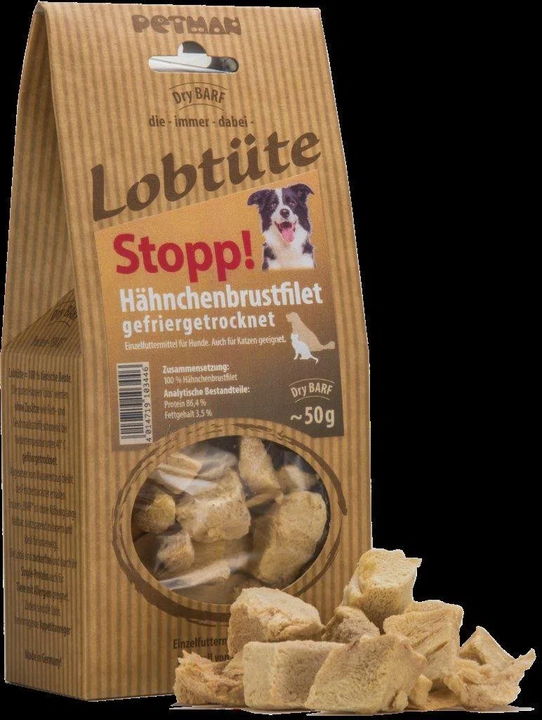 Lobtüte - Dry BARF, Leckerli, Belohnung, Naturkausnack (Petman Lobtüte STOPP! Hähnchenbrustfilet, 50g)