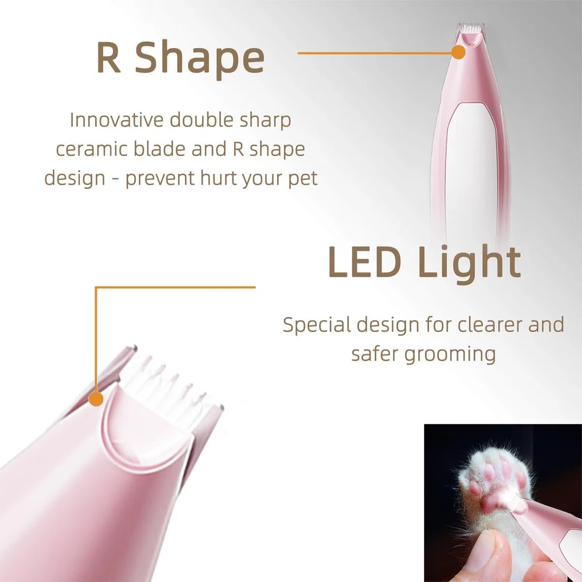 Hundepfoten-Trimmer, Haustier-Fußhaarschneidemaschine mit LED-Licht, wiederaufladbarer geräuscharmer Katzenhaarschneider für die Fellpflege von Tierhaaren um Pfoten, Augen, Ohren, Gesicht, Rumpf