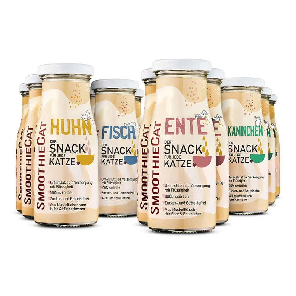 Katzen Smoothie SmoothieCat 12er Mix - je 3X: Huhn, Ente, Fisch, Kaninchen - Flüssignahrung für Katzen - Katzensuppe - Katzenmilch - Zucker- & glutenfrei - je 150ml