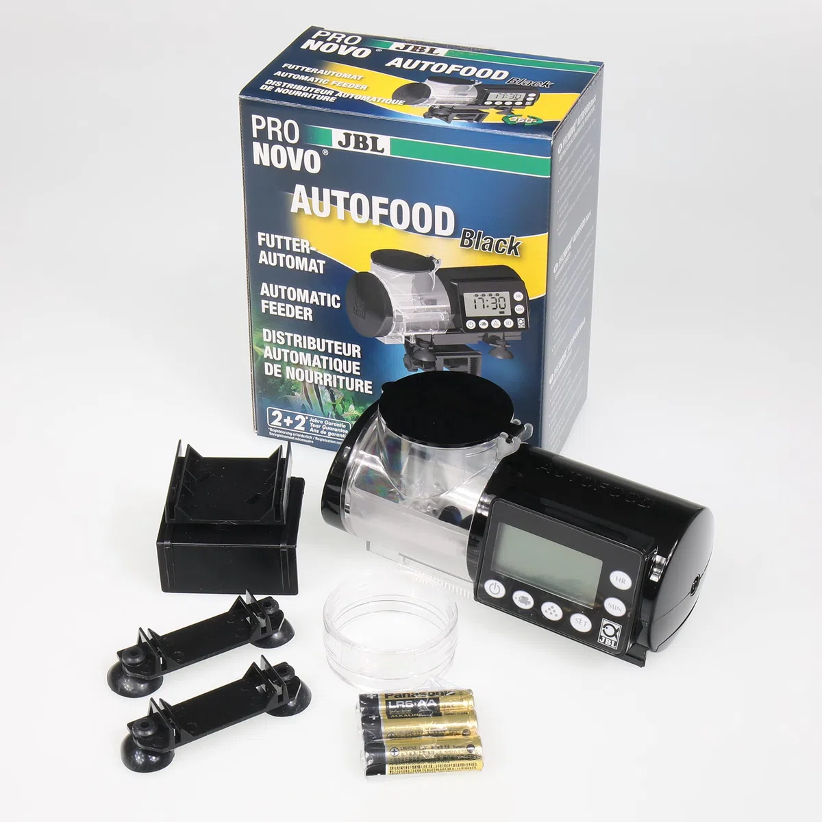 JBL PRONOVO AUTOFOOD, Futterautomat für Aquarium, Fütterung mit Fischfutter-Granulat bis zu 4x täglich, Inkl. Halterung und Adapterring zur Erweiterung des Volumens auf 375 ml, Schwarz