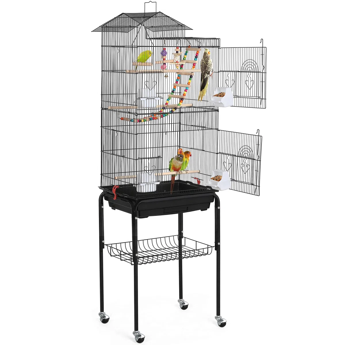 Yaheetech Vogelkäfig Vogelbauer Vogelvoliere Wellensittich vogelkäfig kanarienvögelkäfig mit Ständer 46 x 35,5 x 158,5 cm,360°drehbaren Rollen