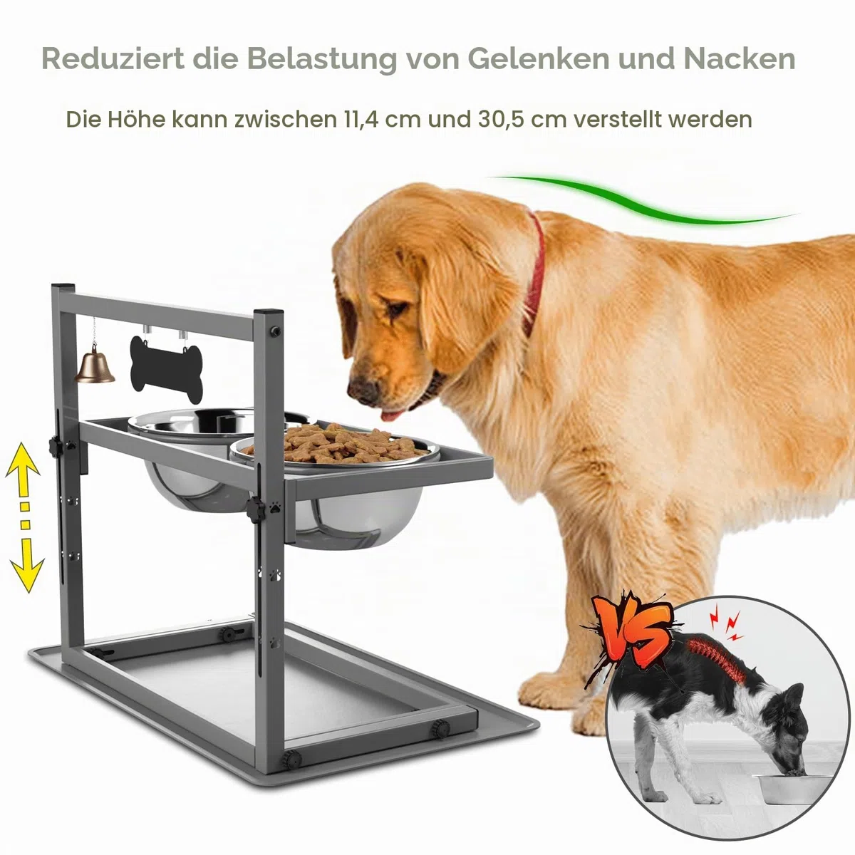 Grauer erhöhter Hundenapfständer mit zwei 1700 ml Edelstahl-Futternapf, einem langsamen Futterspender und Silikon-Haustier-Futtermatte, verstellbarer Hunde-Futterspender, erhöhte Hundenäpfe für große