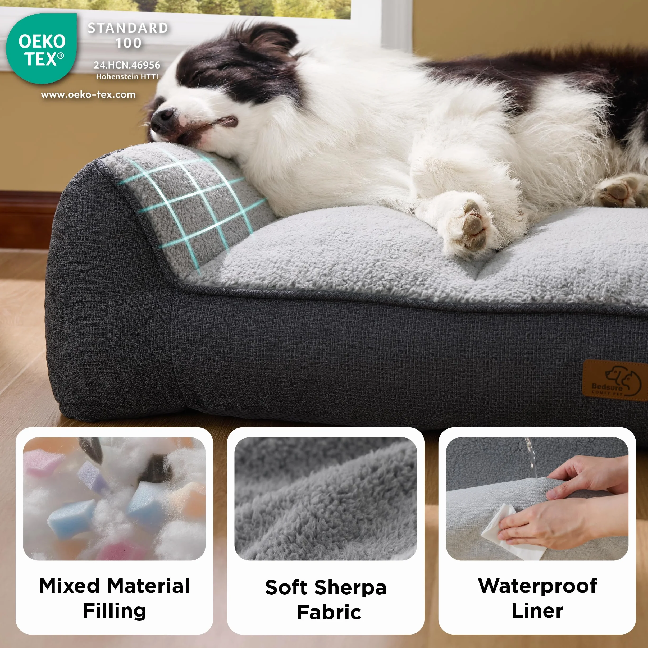 BEDSURE ergonomisches Hundebett Grosse Hunde - 122x89x25cm extra Dickes & druckentlastendes Hundesofa mit wasserdichter & wasschbarer Hülle, rutschfestes Bett mit weichem Sherpa-Plüsch, dunkelgrau