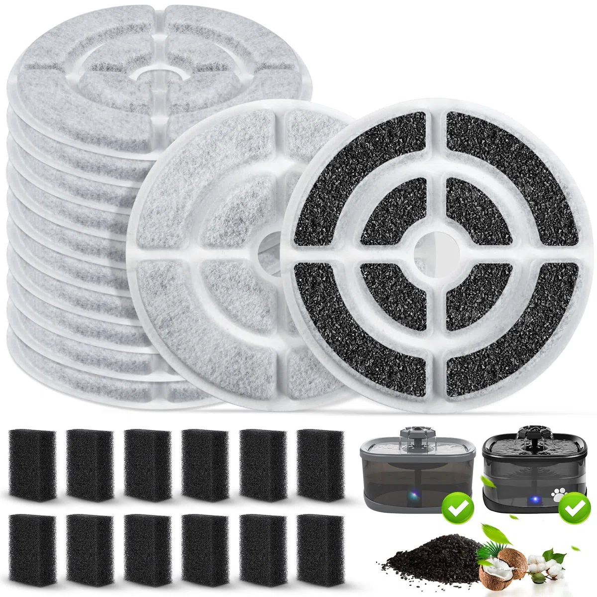 12 Stück 17,8 cm Aktivkohlefilter und Schwämme für SIBAYS 9,5 l Hundewasserbrunnen, 18 cm große Filter für Kastty 9 l große Hundewasserbrunnen, 12 Filter + 12 Stück