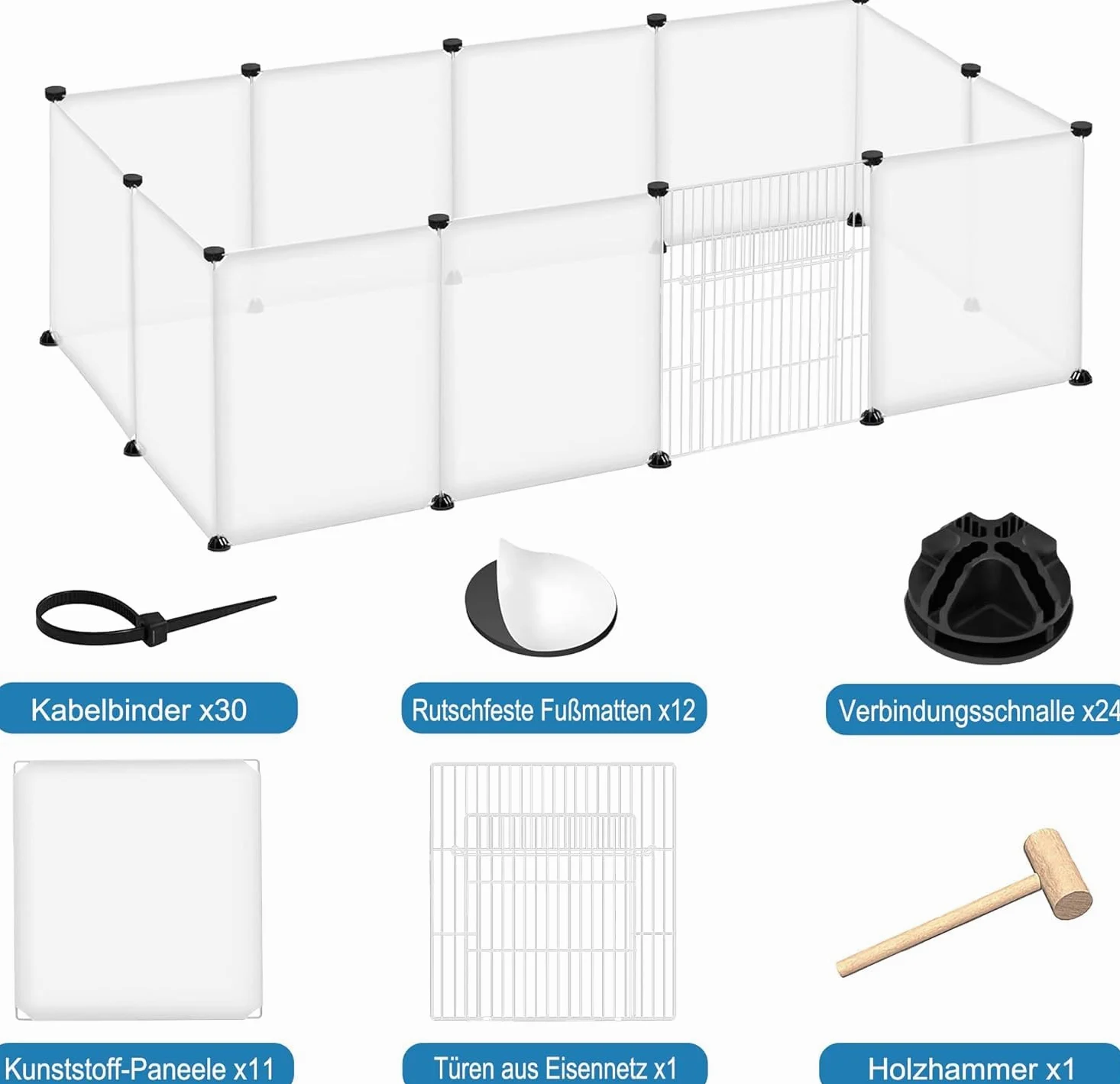 LILIIN Freigehege 12 Pcs Haustier Laufstall 145x75x48cm aus Kunststoff Gittergehege Meerschweinchen Gehege Freilaufgehege Kleintierkäfig Für Welpen Hamster Igel (Transluzentes Weiß Mit Tür)