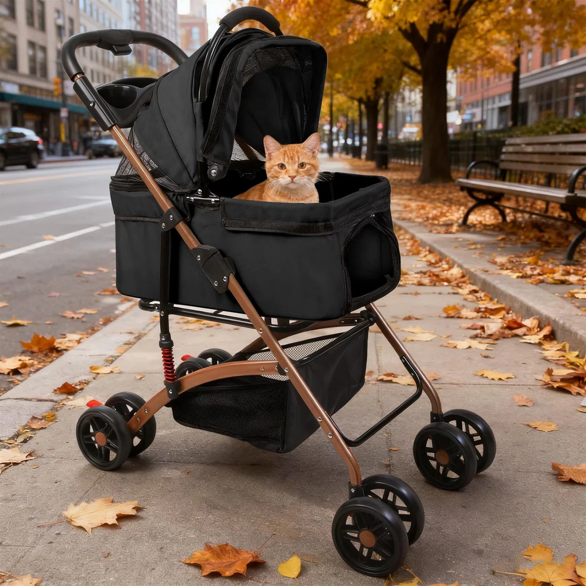 Hundewagen 3 in 1 Faltbarer Hundebuggy, Hundewagen, Kinderwagen für kleine Hunde, Katzen, Abnehmbarer Korb, Tragbarer Kinderwagen, Netzfenster, Oxfordstoff, Bis 20kg (Schwarz)