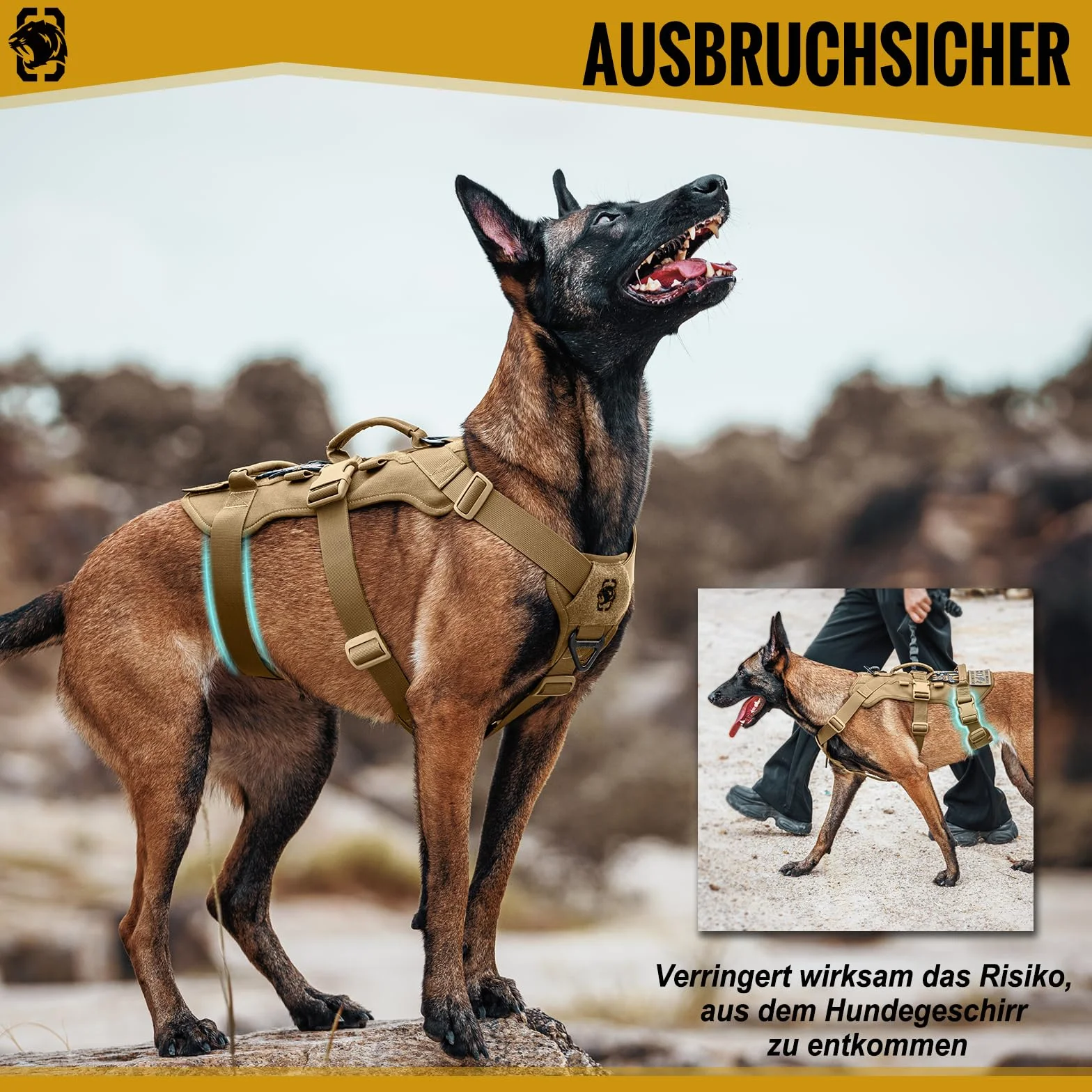 OneTigris Hundegeschirr, T-Bone Taktisches Geschirr mit 2 Griff Ausbruchsicher Einstellbar Brustgeschirr für Hunde Jagd Wandern Trainierung Spaziergang Outdoor-Aktivitäten (Braun, M)