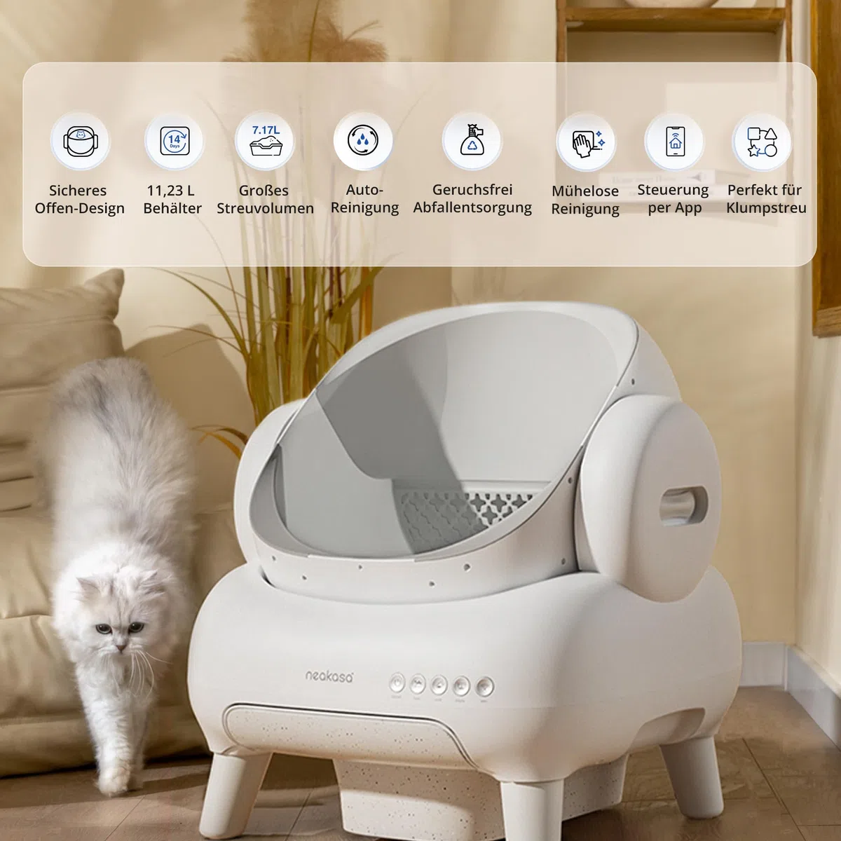 Neakasa M1 Plus Lite Selbstreinigende Katzentoilette mit offenes Design, XXL Kapazität Katzenklo, App-Steuerung, sicher, geruchsfrei und hygienisch, Cat Litter Box für mehrere Katzen