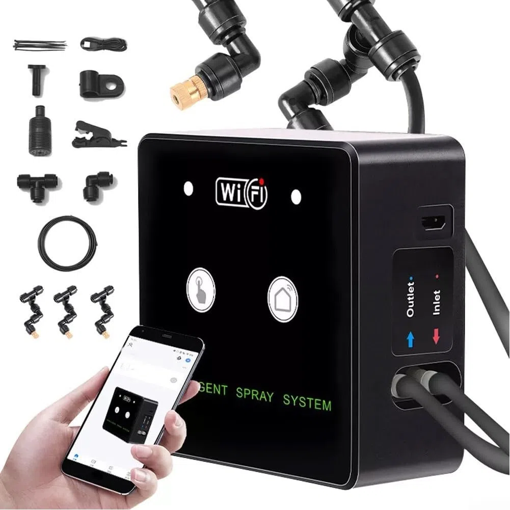 Intelligentes Reptilien-Benebelungssystem (WLAN), Terrarium-Luftbefeuchter mit 360° verstellbaren Sprühdüsen, Timer & selbstansaugender Pumpe, Regenwald-Nebelsystem für Terrarium, Set mit 4 Düsen