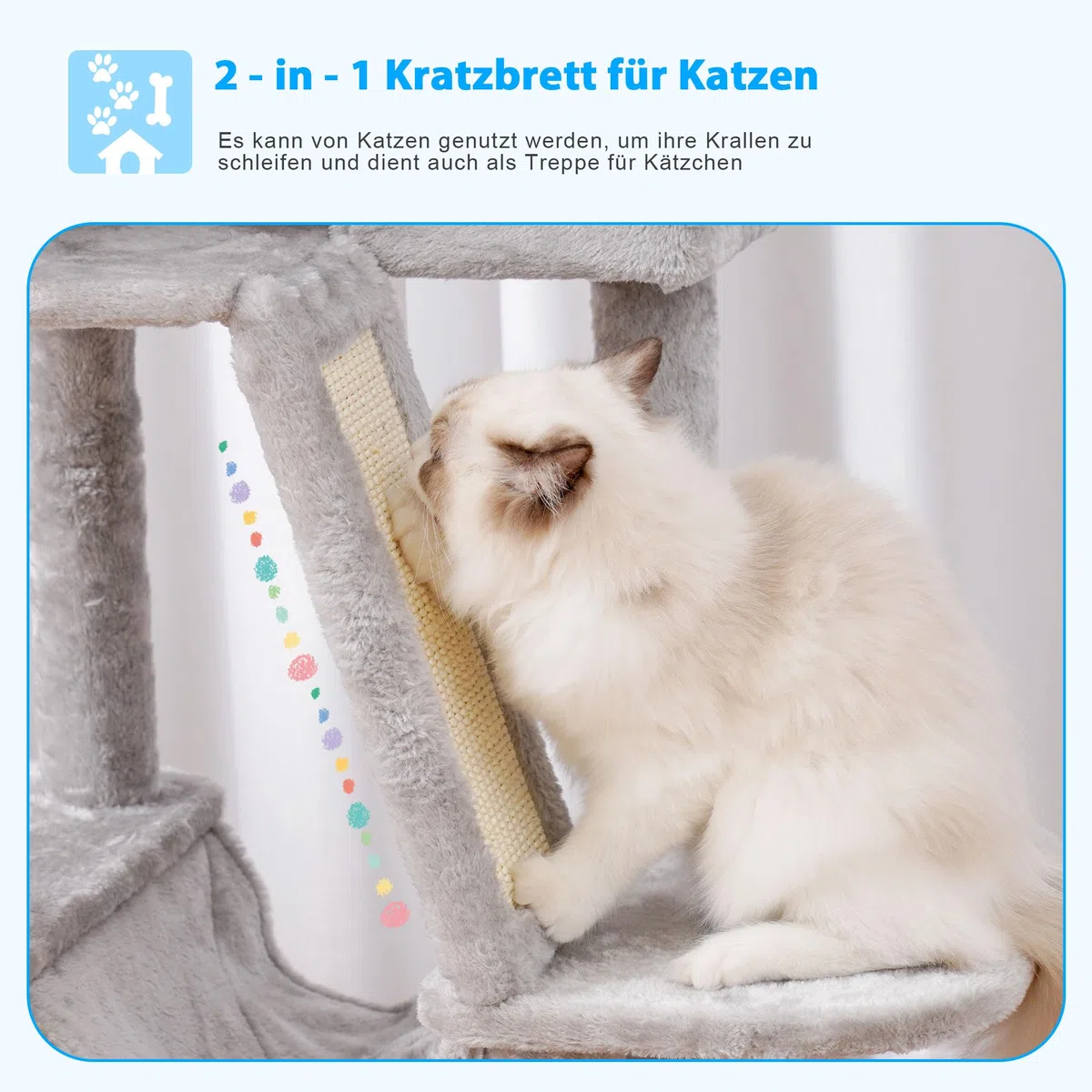 Hey-Brother Kratzbaum, 135 cm Indoor Katzenbaum, Mit gepolsterter Plattform Bett, Spielzeug Ball, Höhlen, Hängematte und Sisal Kratzbaum Katzenhaus, Hellgrau MPJ019-SW