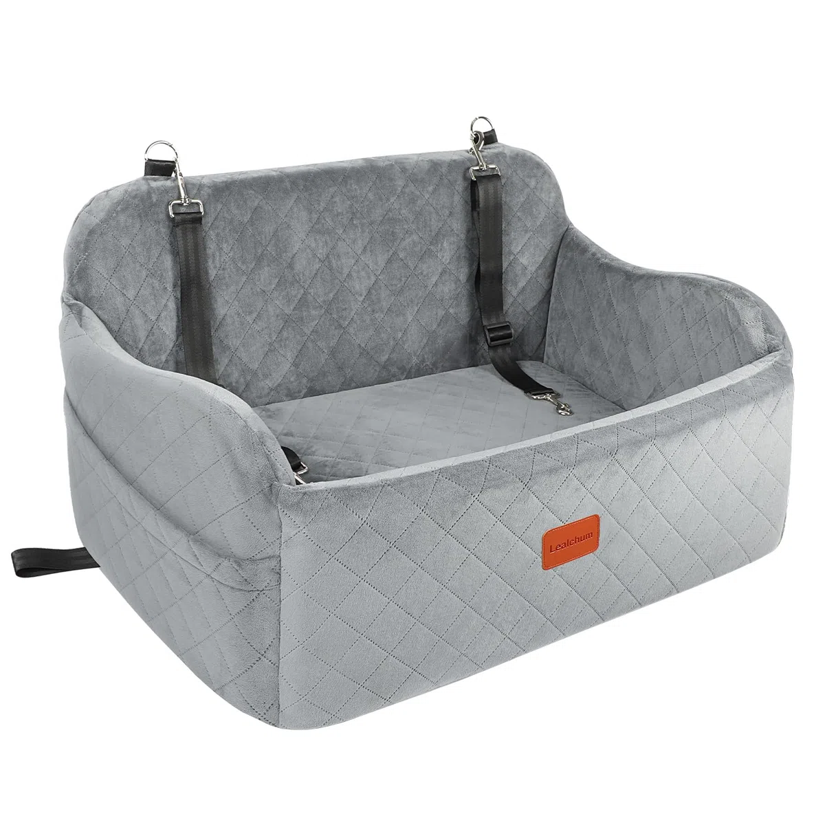 Lealchum Hundeautositz für große Hunde, weicher Stoff Auto Hundebett Füllung Memory Foam, Autositz für Hunde mit 2 Clip-On Hundeleinen, Abnehmbarer und waschbarer Haustier Autositz (Grey,Large)