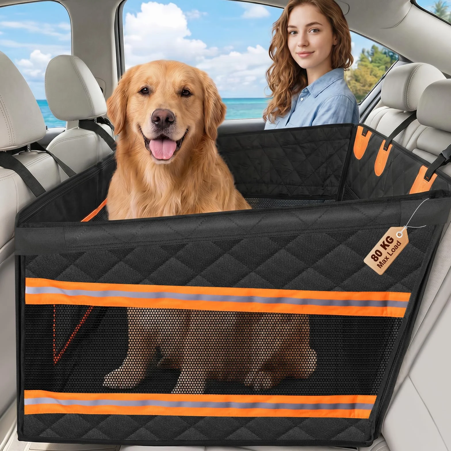 X XBEN Extra Stabiler Hunde Autositz, 50% Mehr Platz Hundesitz Auto Rückbank mit 3 Mesh-Fenstern, Hohe Tragfähigkeit Hundeautositz für Mittlere und Große Hunde, Wasserdicht Kratzfest rutschfest